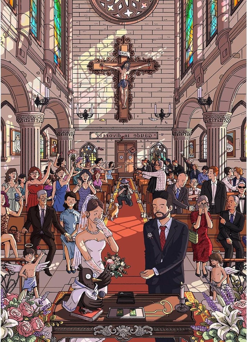 Puzzel 1000 stukjes voor volwassenen - zwarte komedie kerk illustratie | Matte oliedruk, stofvrij, oogvriendelijk, perfect cadeau voor puzzelliefhebbers en vrienden