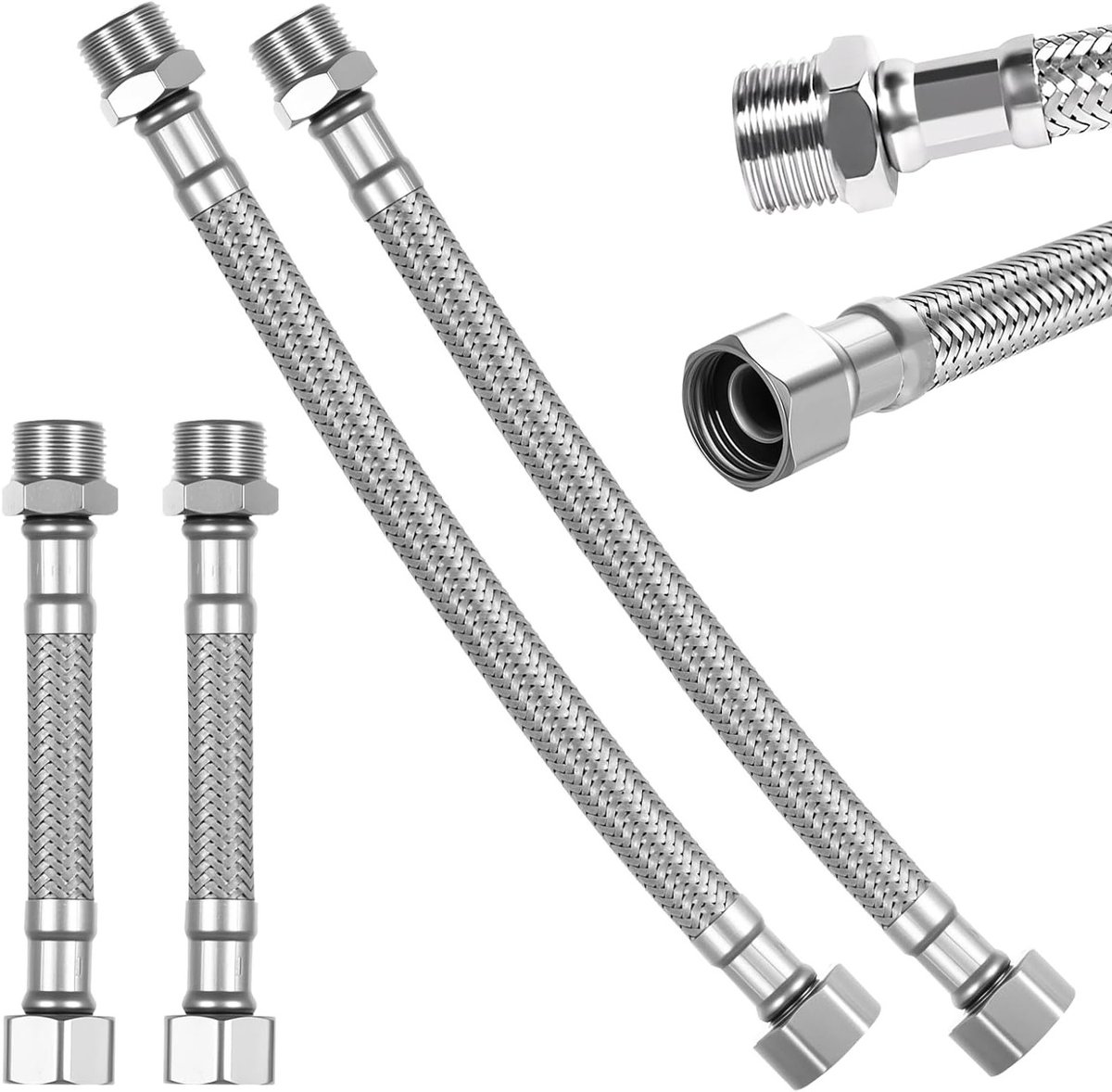 4 Stuks 3/8 Inch Flexibele Aansluitingen voor Kranen, 10cm/20cm Gewoven Slangen, RVS Flexibele Hoses voor Sanitair, Keuken en Badkamer