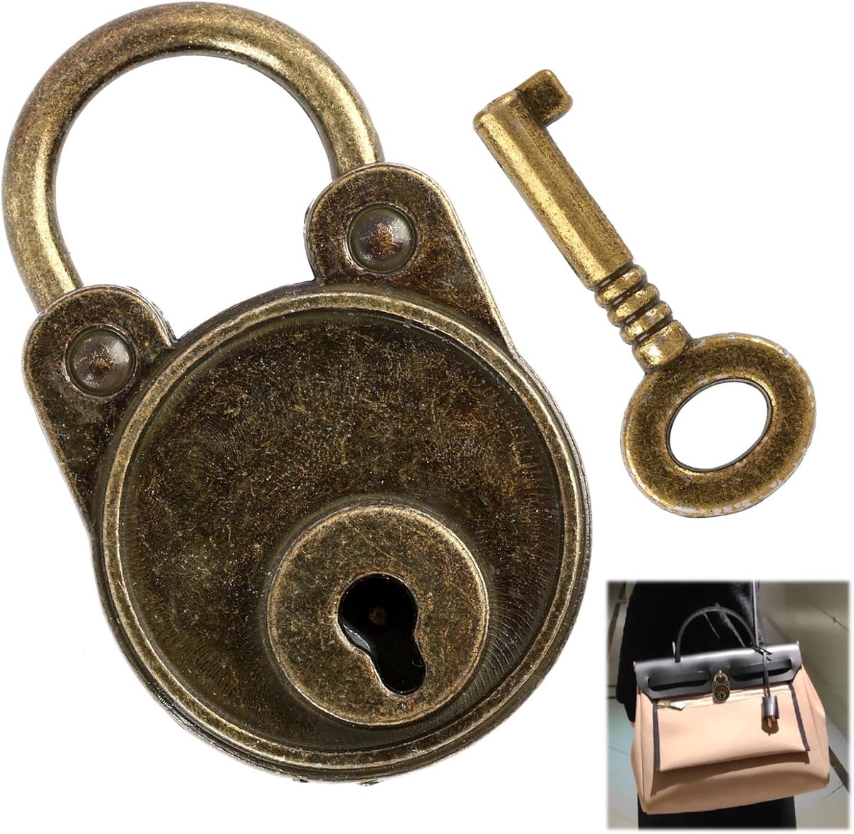 SnelShoppen - Vintage Decoratieve Bronzen Hangslot met Sleutel, Antiek Ontwerp voor Sieradenboxen, Dagboeken en Cadeauboxen, 4.8 x 3 x 1 cm