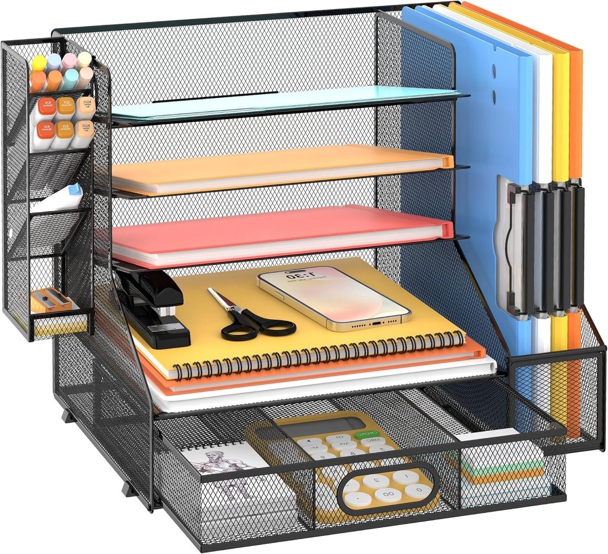 Praktische Desk Organizer met Documenthouder, 5 niveaus, Pennenhouder en Lade, Zwart, Ideaal voor Thuiswerk en Kantoororganisatie