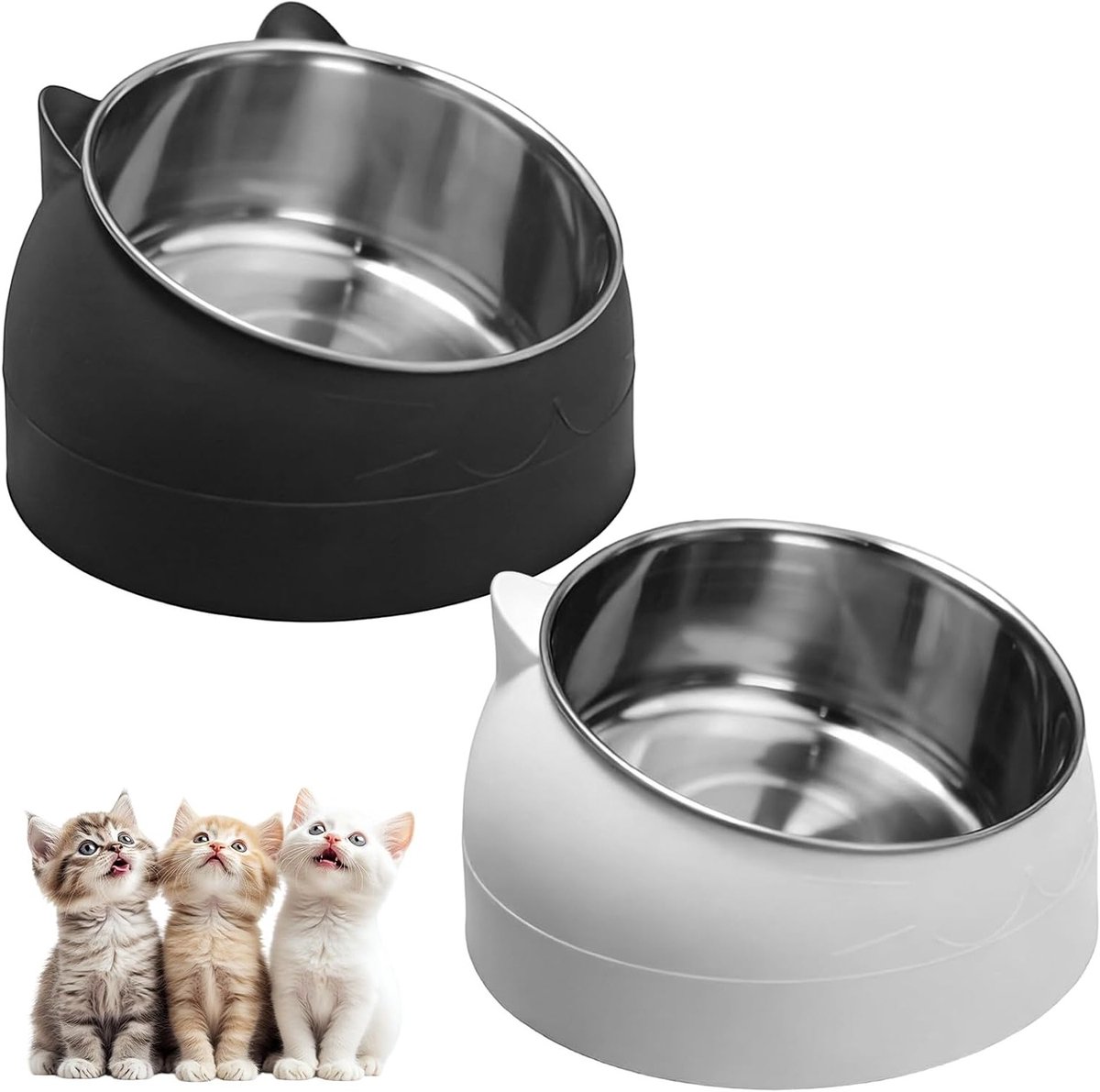 Verhoogde Kattenvoeder Set - 2 Stuks RVS Voerbakken met 15° Hellingshoek en 400 ml Capaciteit voor Gezonde Voeding en Comfortabele Eetpositie