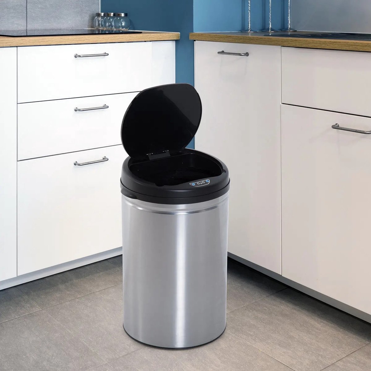 FloraGrace Prullenbak – Sensoropening 30 L – Ø30,5 x 51,5 cm – Metaal en Kunststof – Zwart – Voor Keuken Badkamer en Kantoor