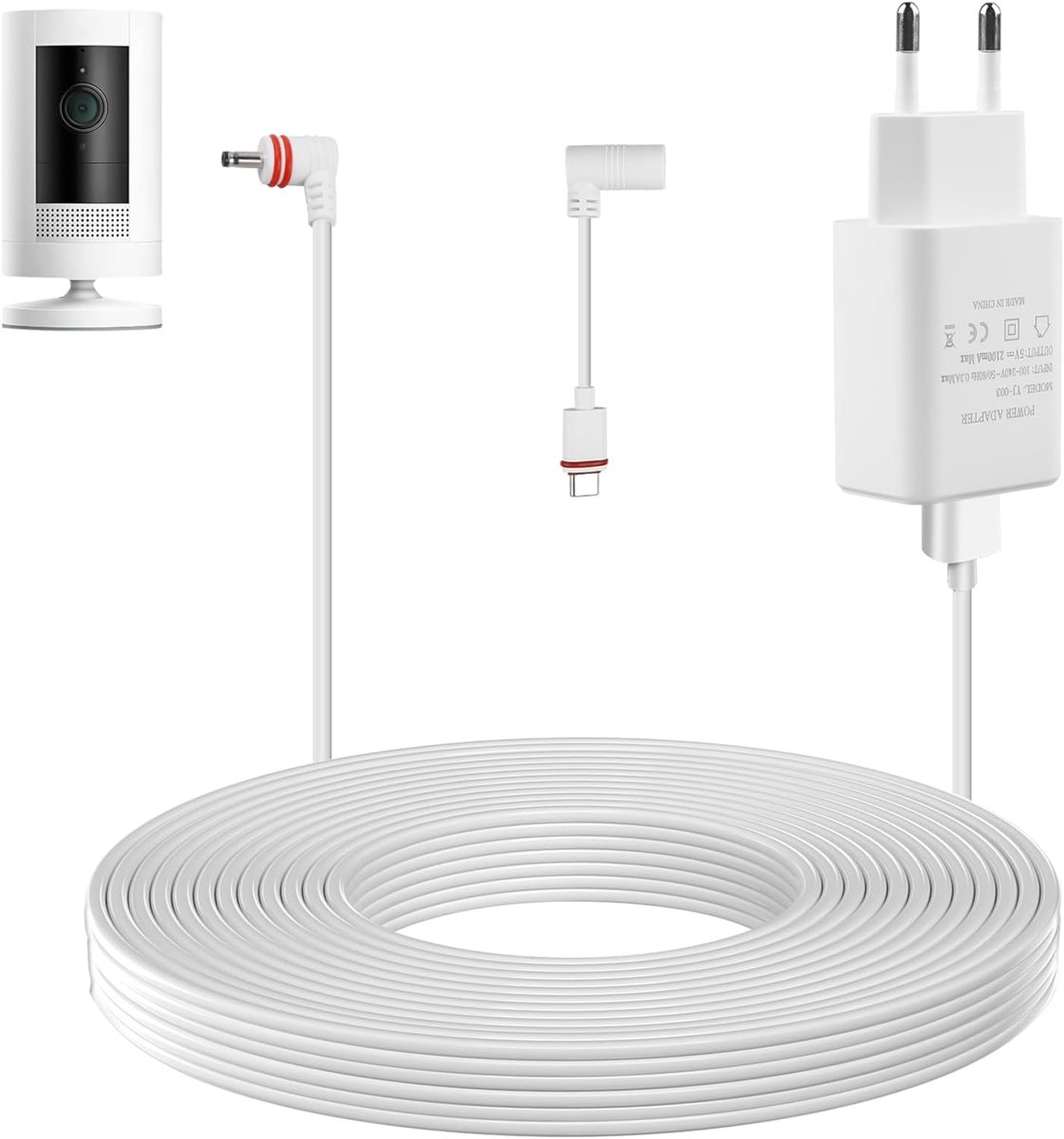 SnelShoppen - 7.6m Power Kabel en Adapter voor Arlo Pro Pro2, Compatibel met Ring Spotlight Cam, Weerbestendige Stekker en USB-C Oplaadkabel, Wit