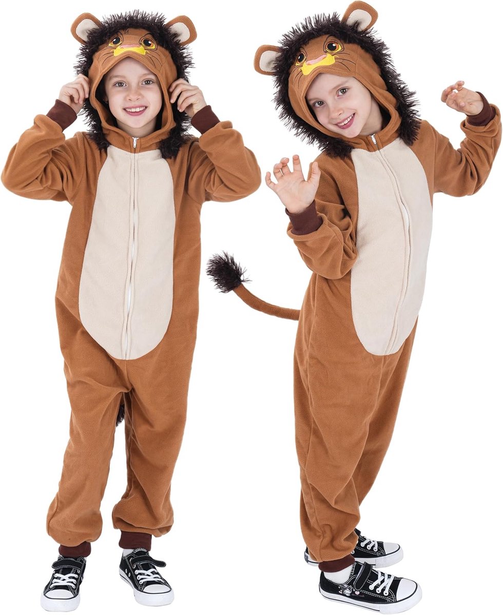SnelShoppen - Lion Oneise Kids Costume - Dierenkostuum voor Jongens en Meisjes - Maat M 6-8 Jaar - Zacht Microfleece voor Feestjes en Koudere Dagen