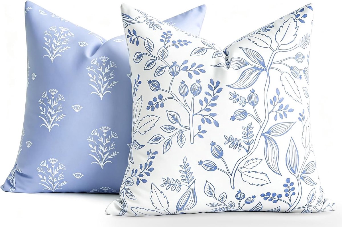 SnelShoppen - Kussenslopen 40 x 40 cm - Verstelbare Blauwe Botanische Print Bladeren - Retro Vierkante Kussens voor Sofa en Slaapkamer - 2 Stuks Velou