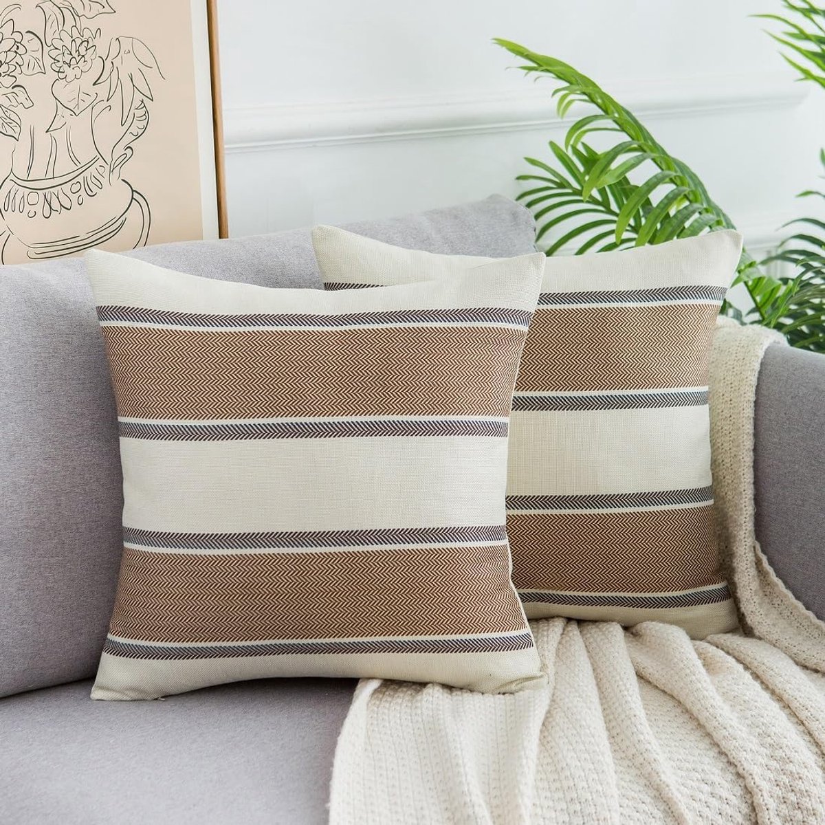 SnelShoppen - Sofa Kussen 50x50cm Streep Kussenhoezen Set van 2 Bruin Linnen Modern voor Bank Stoel Slaapkamer Kantoor