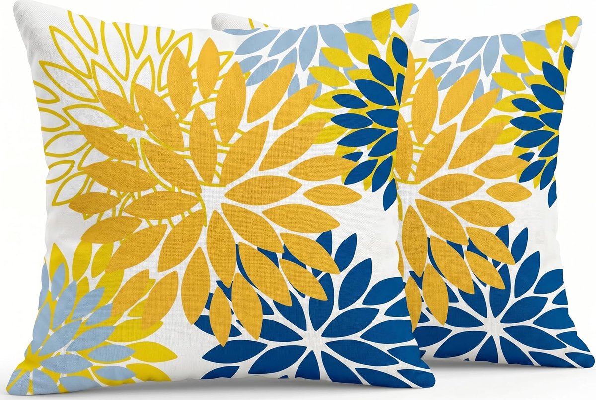 SnelShoppen - Decoratieve Kussenhoezen 40 x 40 cm - Dubbelzijdig Dahlia Patroon - Geel Blauw - Linnen Kussenset voor Sofa, Tuin, Woonkamer, Bed - Set