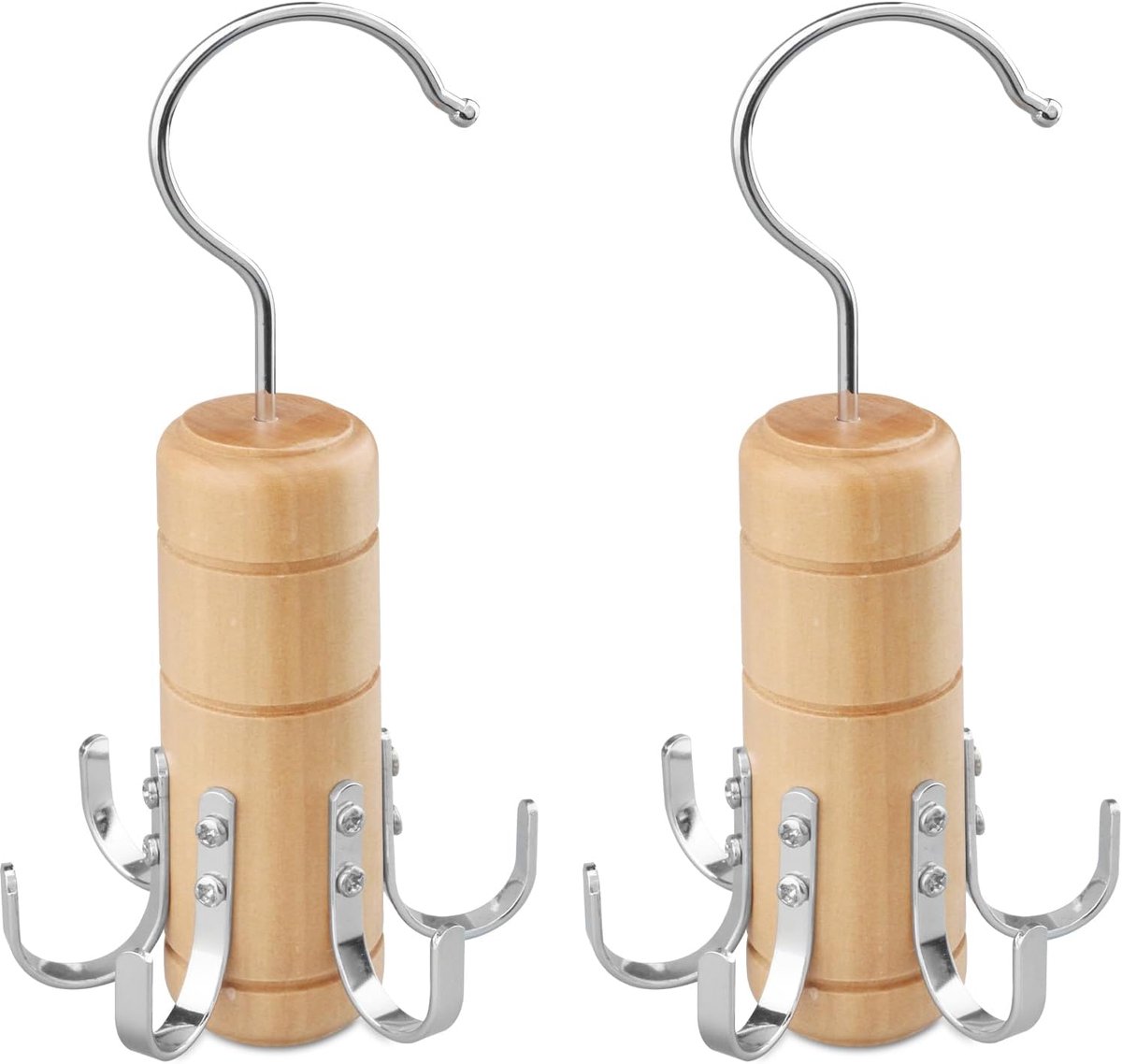 SnelShoppen - 2 Stuks Houten Riemhanger met 6 Haakjes, Sjaal en Stropdas Organizer, 360 Graden Draaibaar, Kast Accessoires, Houtkleur