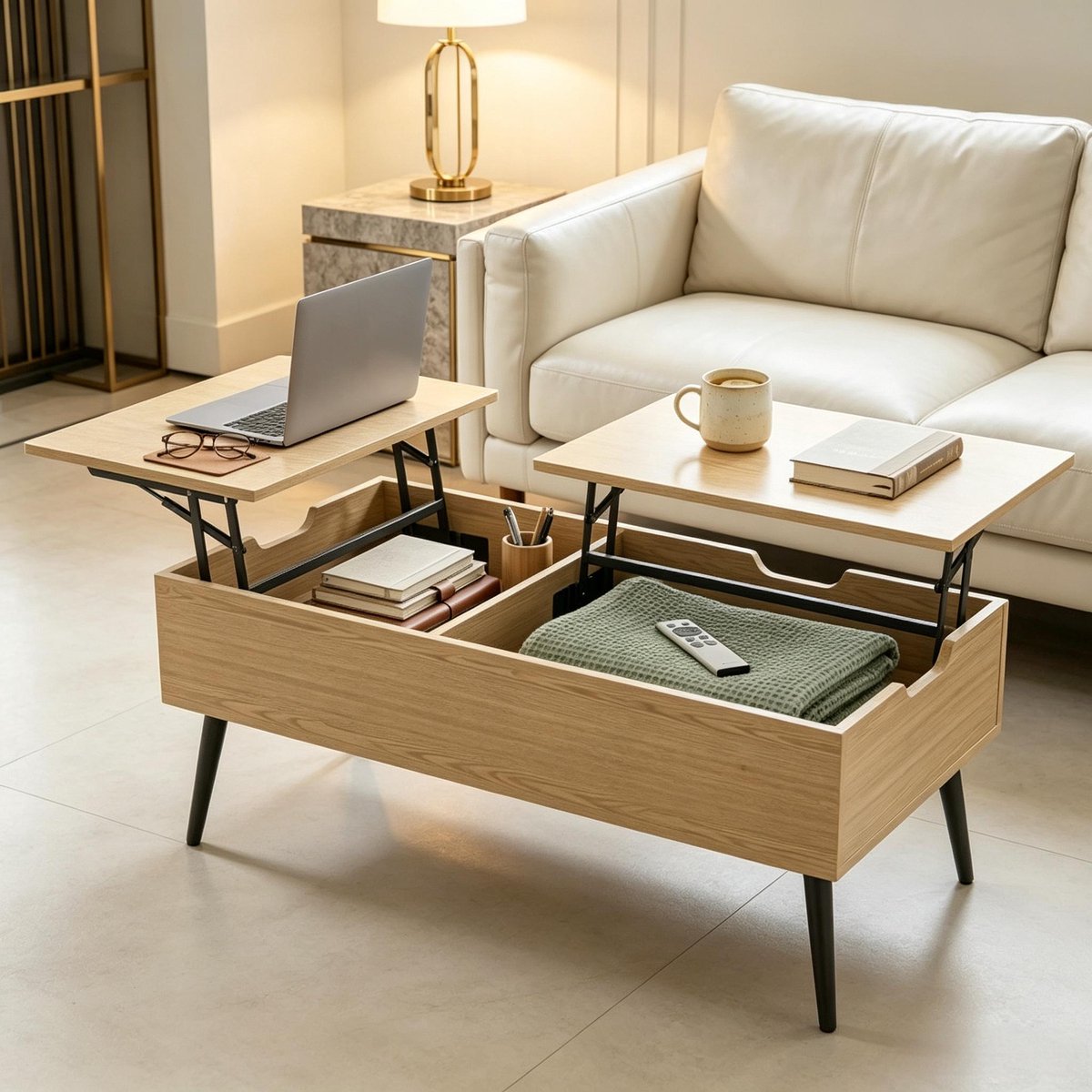 HAUSS SPOLE Salontafel - Lift Tafelblad Met Opbergruimte - Voor Woonkamer En Kantoor - Metaal En Spaanplaat - 100x50x58 Cm - Zwart Naturel