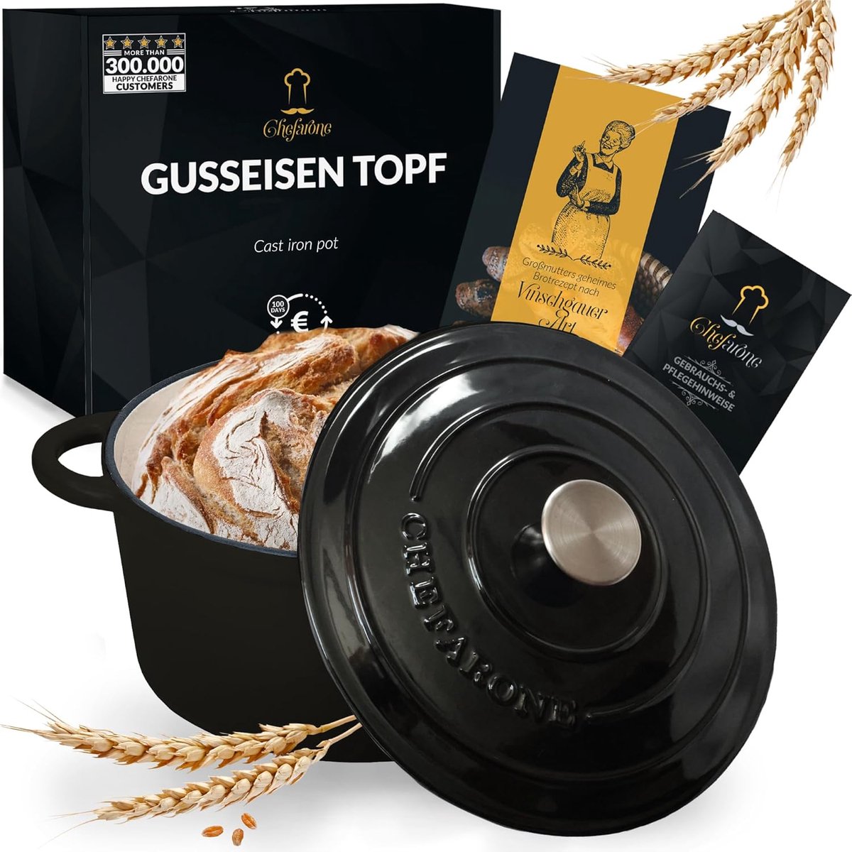 SnelShoppen - Gietijzeren Pan 24 cm, Enamelled Stewpan voor Brood Bakken, Roosteren en Stoven, Inductie Casserole met Deksel, Zwart