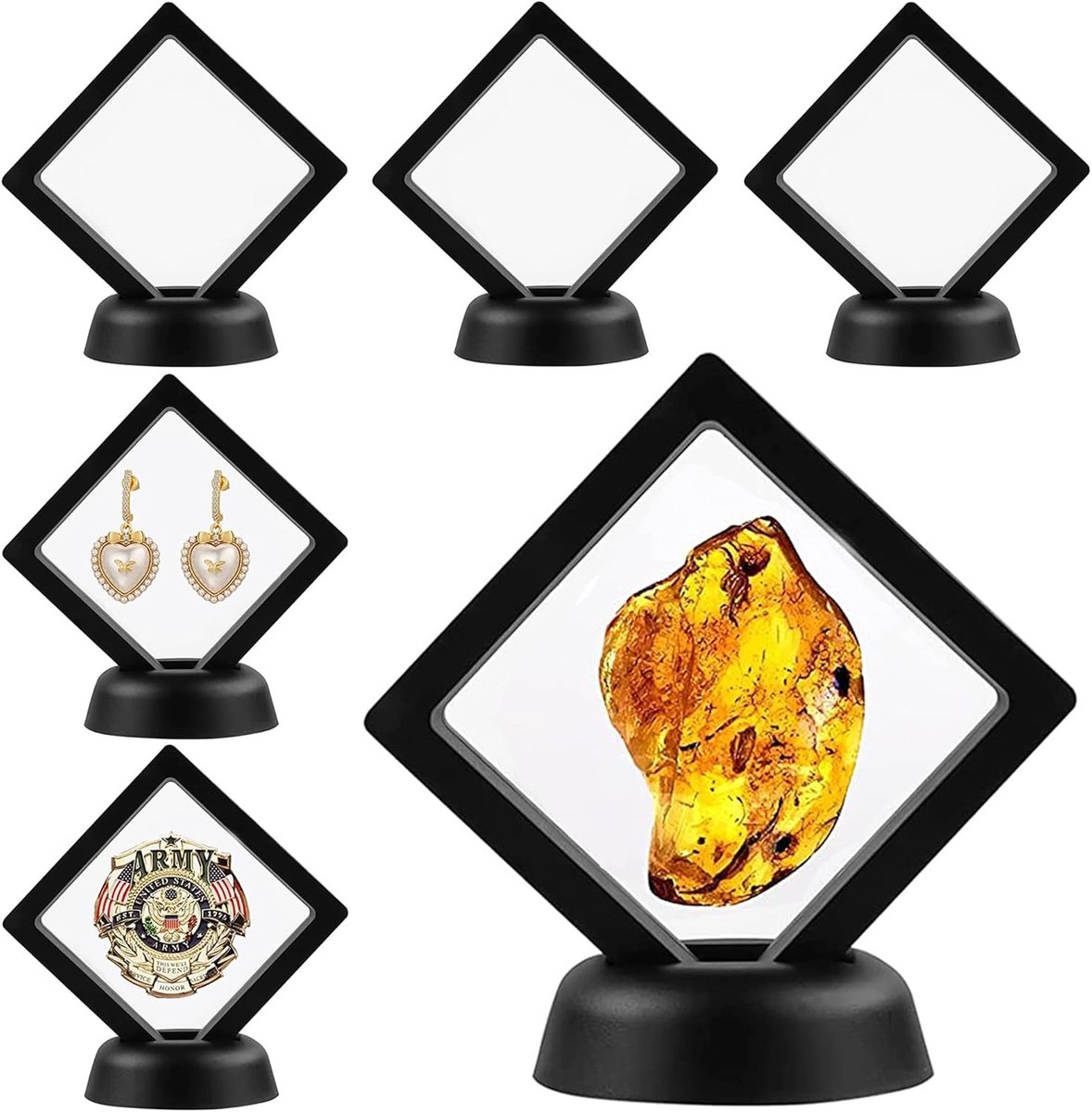 SnelShoppen - 6 Stuks Floating Display Frame Holder - Transparante Sieradenhouder voor Munten, Ringen, Hangers, Armbanden en Juwelen met Basis - Stijl