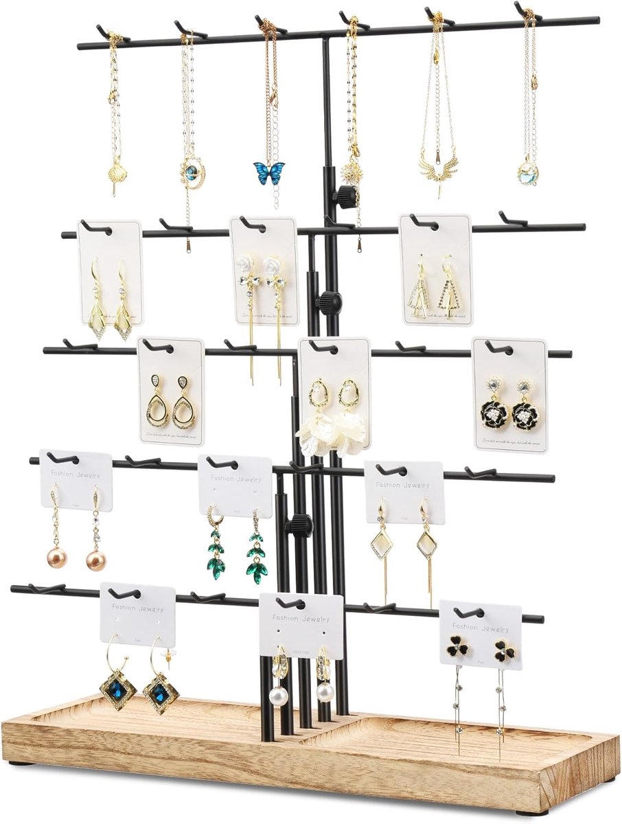 SnelShoppen - Earring Display Stand met 30 Haakjes, Verstelbare Hoogte, Sieraden Organizer met Lade voor Oorbellen, Stabiel Ontwerp, Ideaal voor Dangl