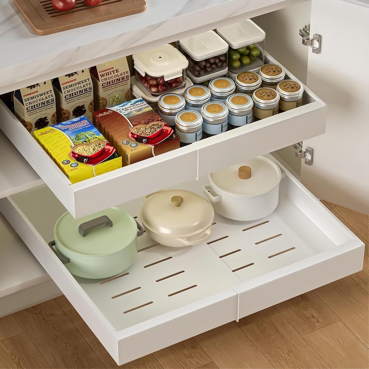 SnelShoppen - Telescopische Keukenla, Uittrekbare Lade, Inbouw Lade Insert, Verstelbare Kast Organisator, Keuken Kast, 32-52x42x7.5cm, Wit 2 Stuks