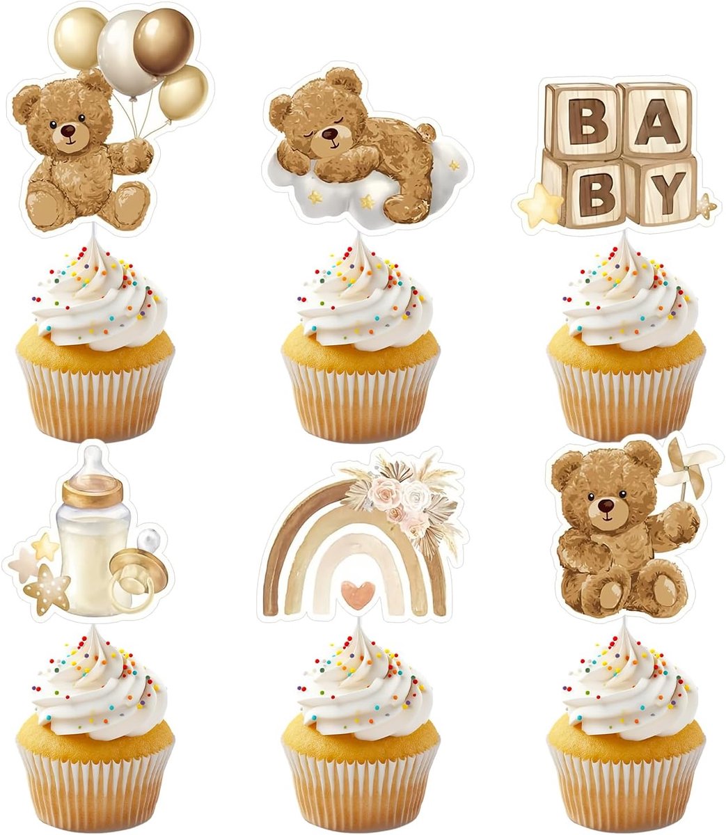 SnelShoppen - 24 Stuks Teddybeer Cupcake Toppers, Schattige Cake Toppers voor Jongens en Meisjes, Babyshower Versiering, Gender Reveal, Verjaardag