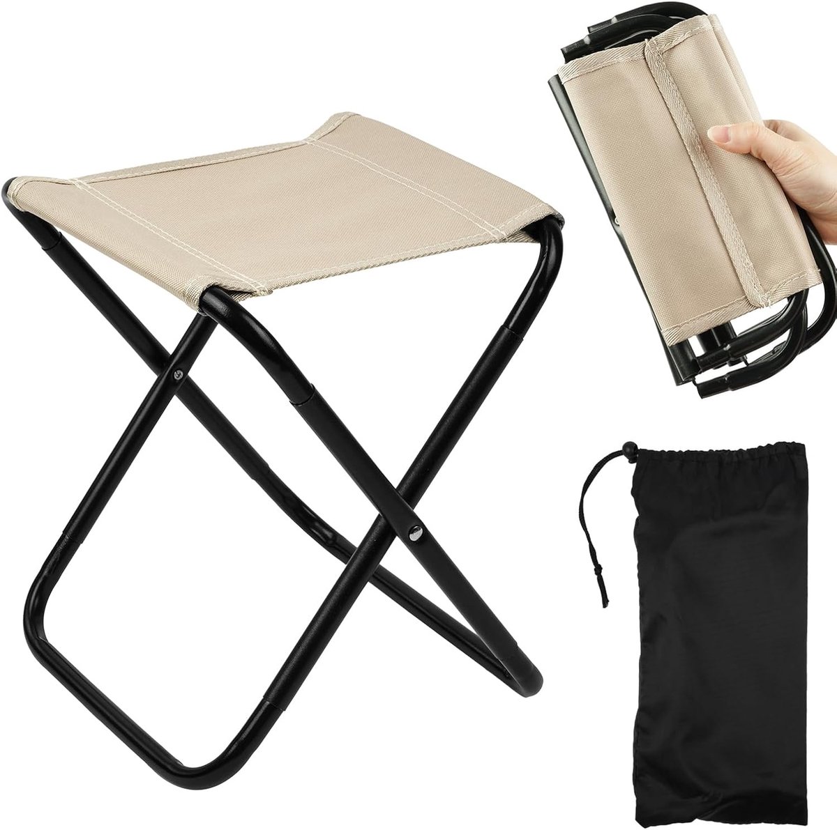 SnelShoppen - Vouwbare Mini Campingstoel - Lichtgewicht Tuinstoel met Opbergtas - Ideaal voor Vissen, Picknicks, Outdoor Activiteiten - Khaki - 600g