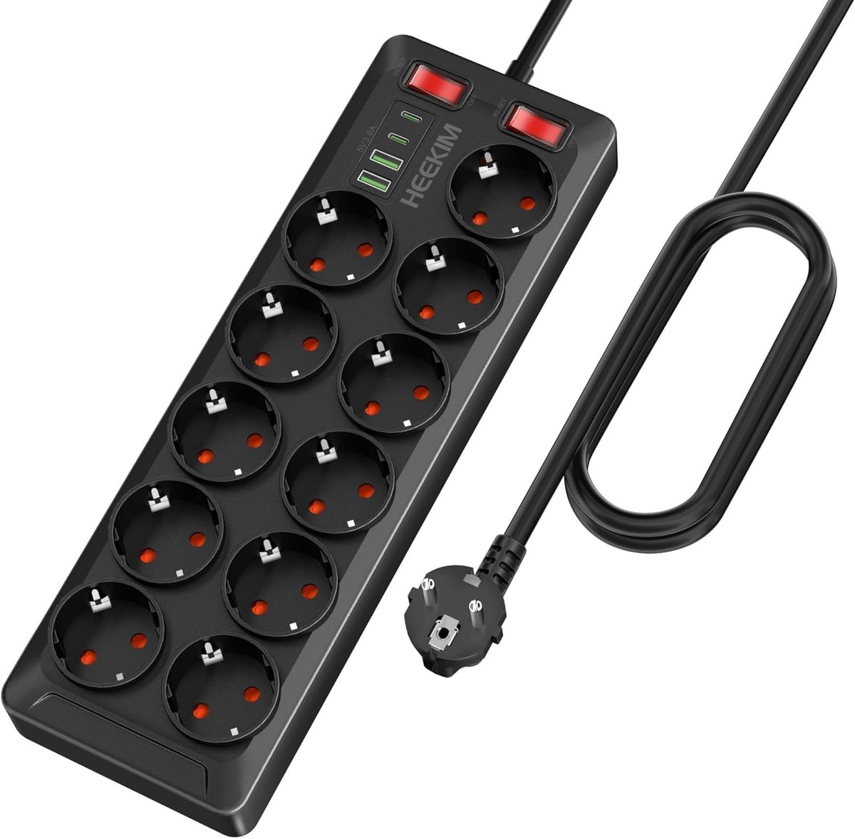 SnelShoppen - Power Strip met USB, 11-Way Meerdere Stopcontacten, 2 USB-A & 2 USB-C Poorten, 3m Verlengsnoer, Zwart, Ideaal voor Thuis, Kantoor en Vak