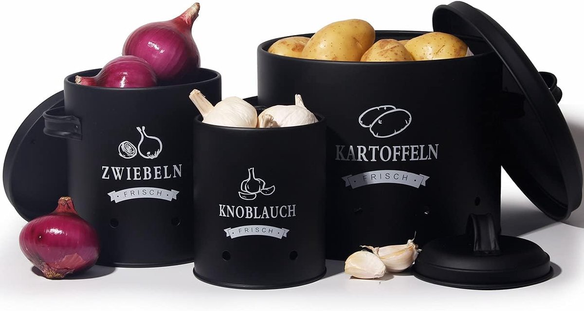 SnelShoppen - Retro Aardappel Opslagblikken Set - Met Uitsparingen Voor Langdurige Bewaring - Zwart Metaal - Voor Aardappelen, Uien en Knoflook - Keuk