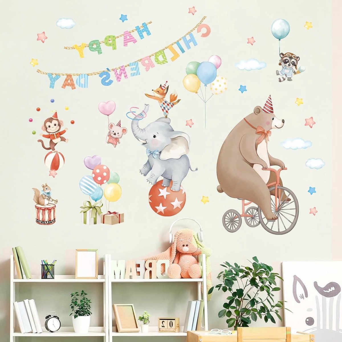 Circusdieren muurstickers voor kinderkamer, kleurrijke aquarel decoratie met beren en olifanten, perfect voor baby's en peuters