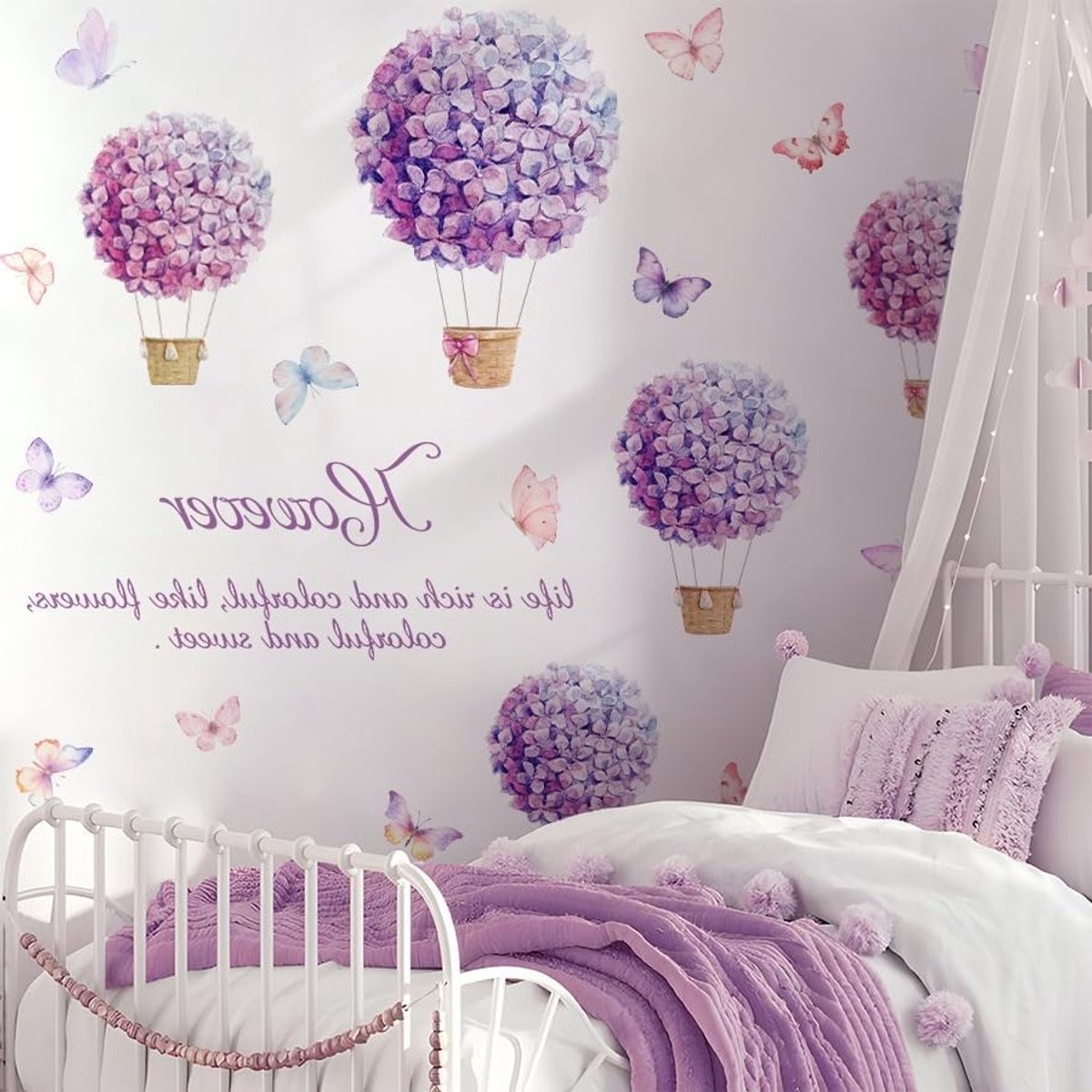Inspirerende Muurstickers met Paarse Hortensia, Vlinders en Bloemen voor Woonkamer, Slaapkamer en Kinderkamer Decoratie
