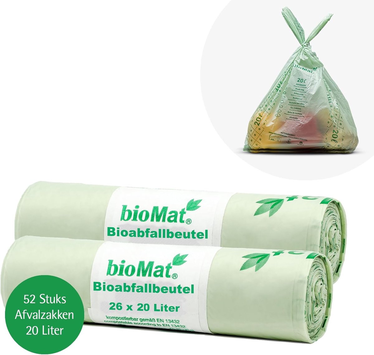 SnelShoppen - 52 Composteerbare Bio Afvalzakken 20L met Touwtjes - Milieu-vriendelijk en Klimaatneutraal - Perfect voor Tuin, Keuken en Organisch Afva
