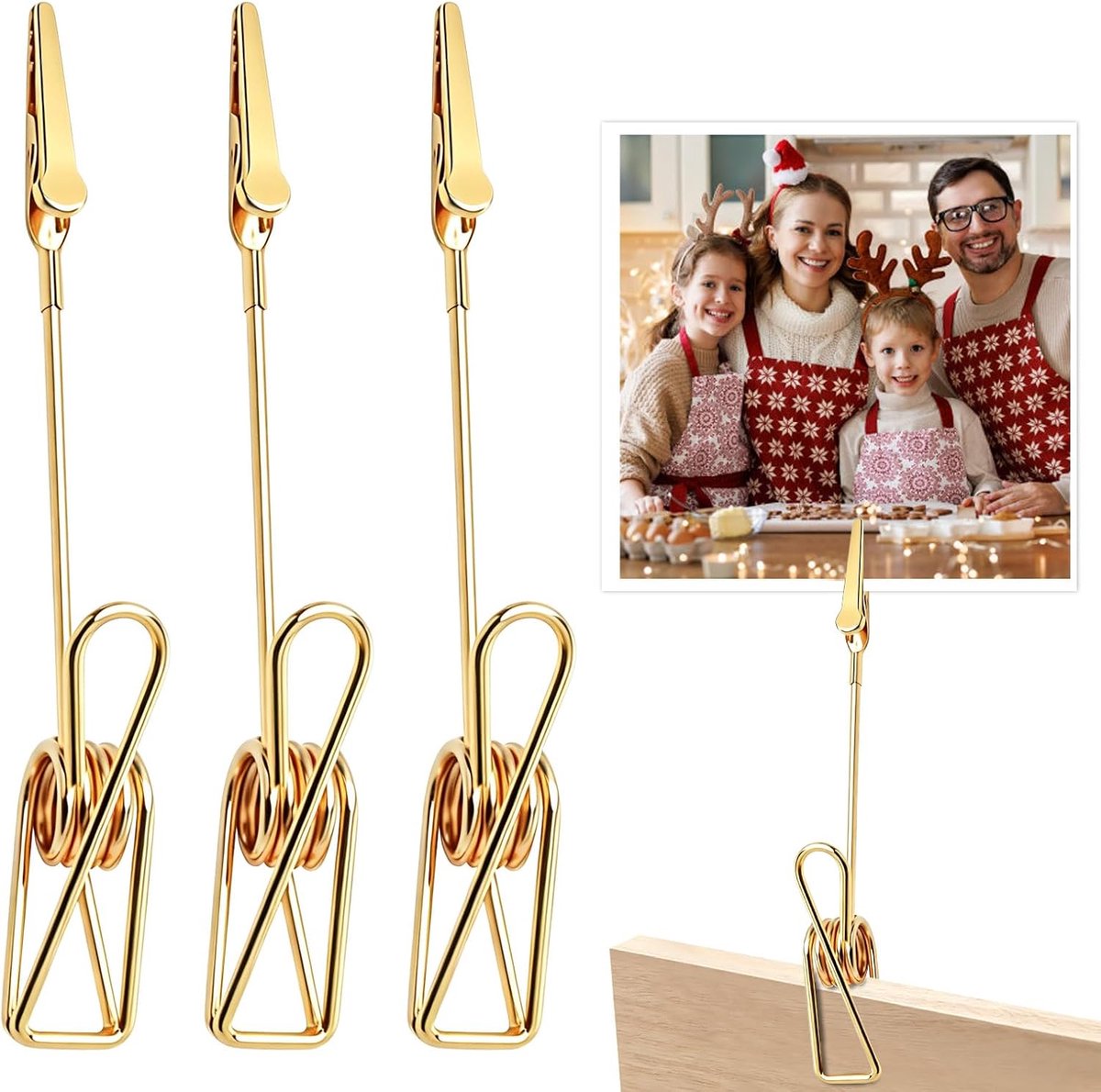 SnelShoppen - 3 Stuks Fotolijsten met Wasknijpers, Tafelfotoklemmen, Tafelkaarthouder, Clip, Metalen Fotoclip in Goud voor Kantoor, School, Huis en Wi