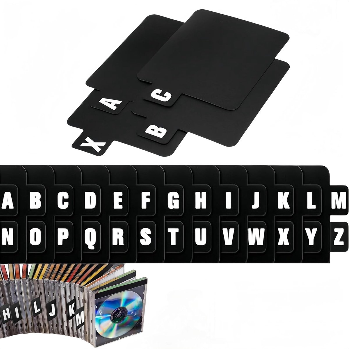 SnelShoppen - Gramophone Plate Dividers 26 Stuks A-Z, Alphabetische Scheidingsbladen voor Vinyl Platen, Albums en Bestanden, Duurzaam PVC, Zwart, 12.2