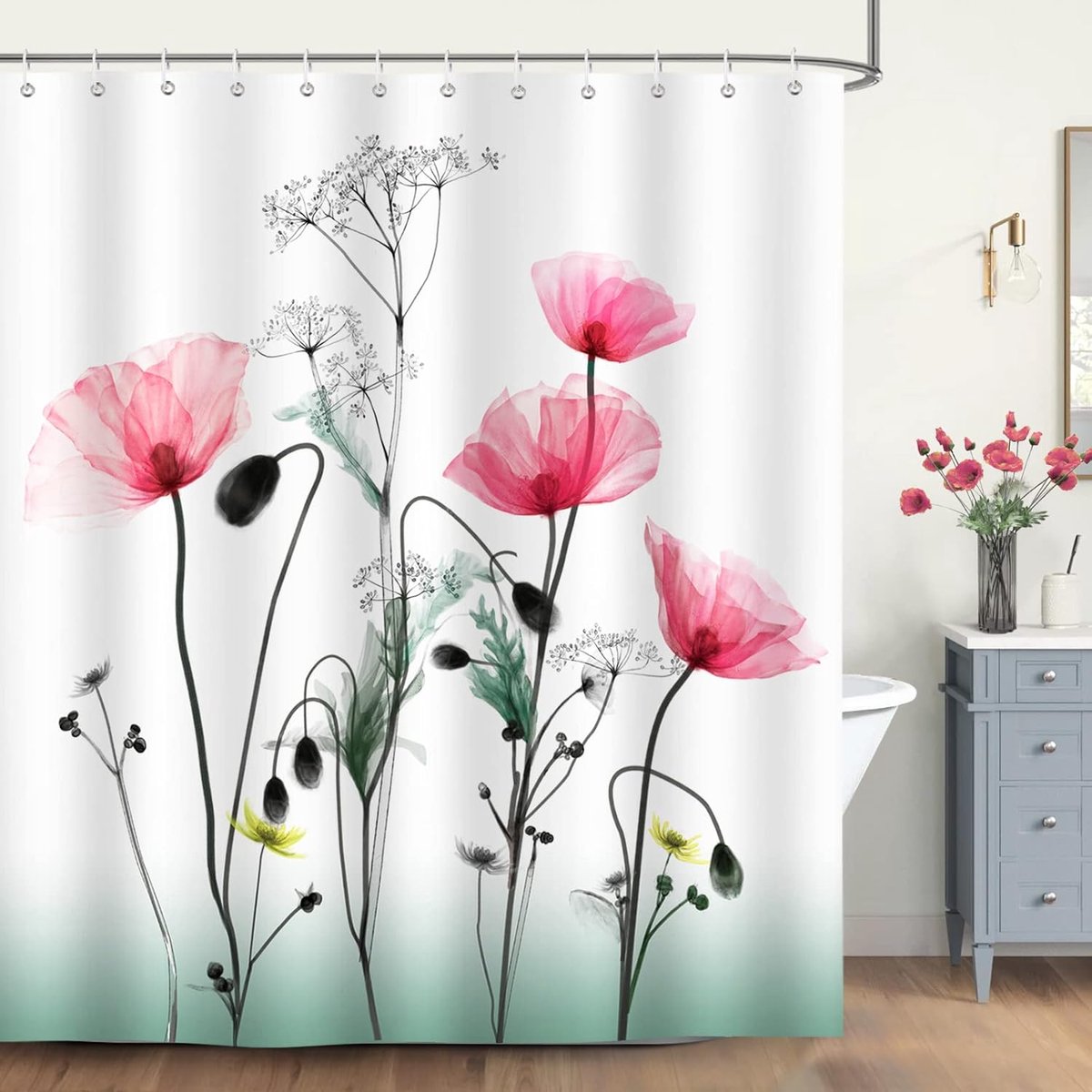 SnelShoppen - Douchegordijn met Rode Klaprozen 180x200cm - Waterdicht en Antimicrobieel Polyester - Wasbaar - Inclusief 12 Haakjes voor Badkamerdecora