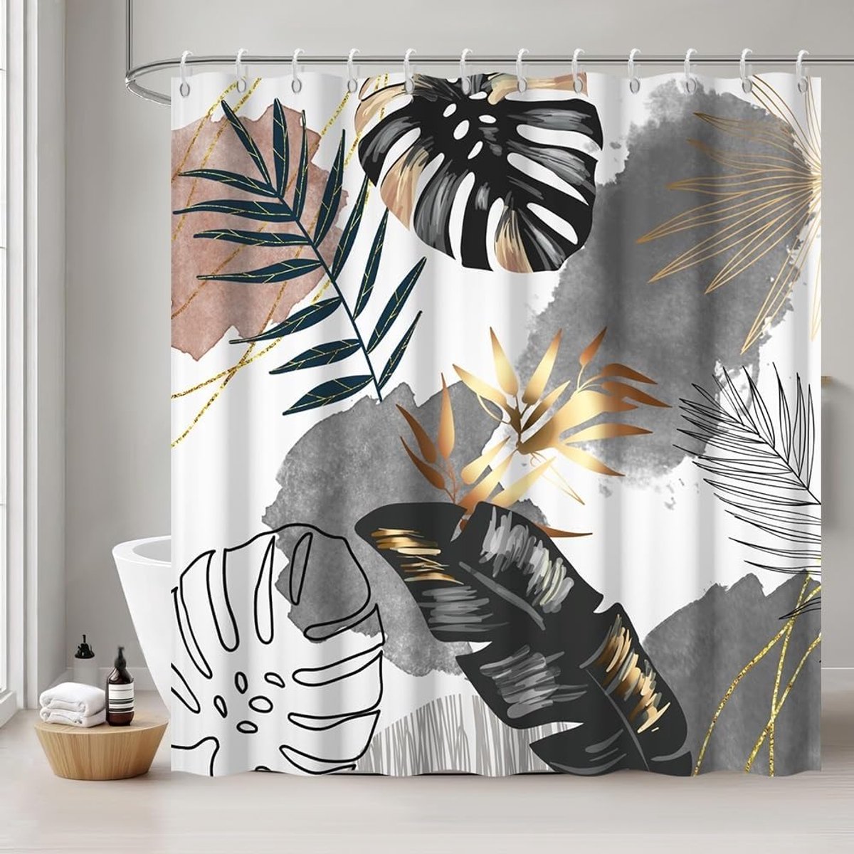 SnelShoppen - Douchegordijn 180 x 200 cm Schimmelbestendig Boho Stijl Grijs Tropische Palmbladeren Waterdicht Polyester Wasbaar Inclusief 12 Haakjes v