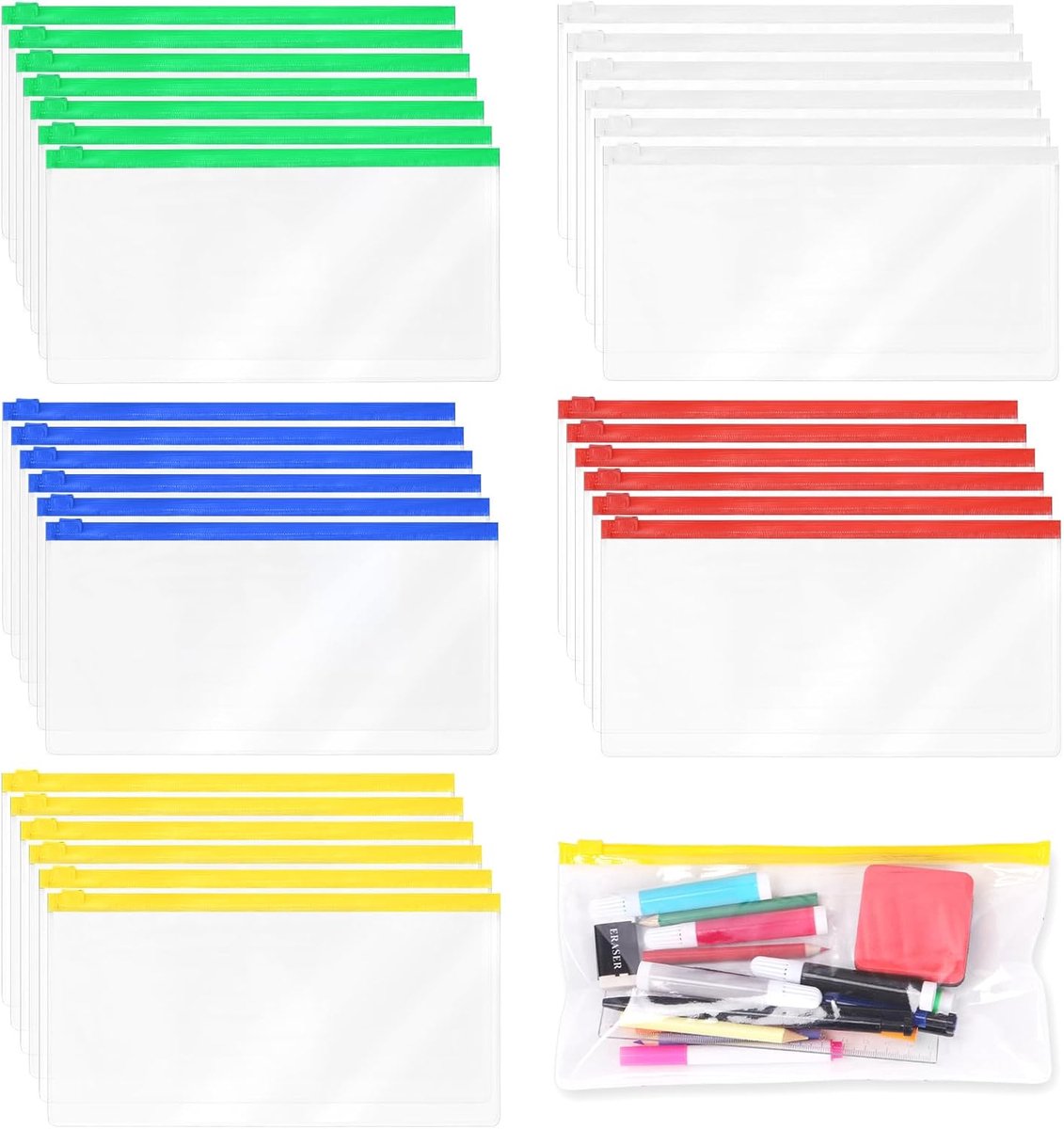 SnelShoppen - Set van 30 Plastic Zipper Enveloppen A6 - Kleurmix - Ideaal voor Kantoor, School, Organisatie - Waterdicht, Duurzaam - 6 Gele, 6 Groene,
