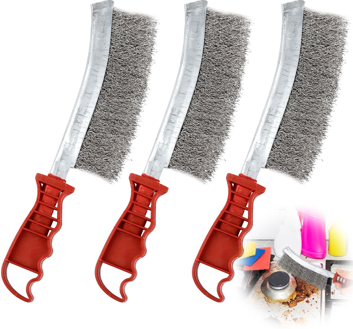 SnelShoppen - 3-delige Hand Wire Brush Set - RVS Borstels met Curved Handle - 240mm voor Schoonmaken van Roest, Slakken en Meer - Hoogwaardige Reinigi