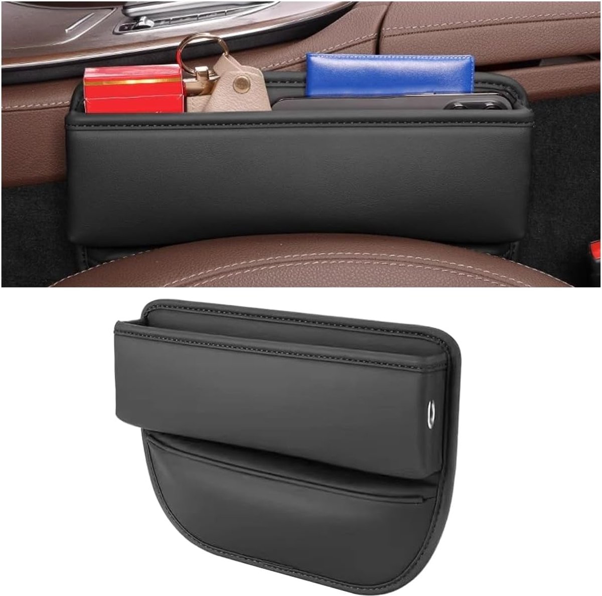 SnelShoppen - Car Seat Storage Box - PU Leren Auto Organizer voor Voorstoel - Zwart - Handige Opbergzak voor Telefoon, Portemonnee en Sleutels - Luxe