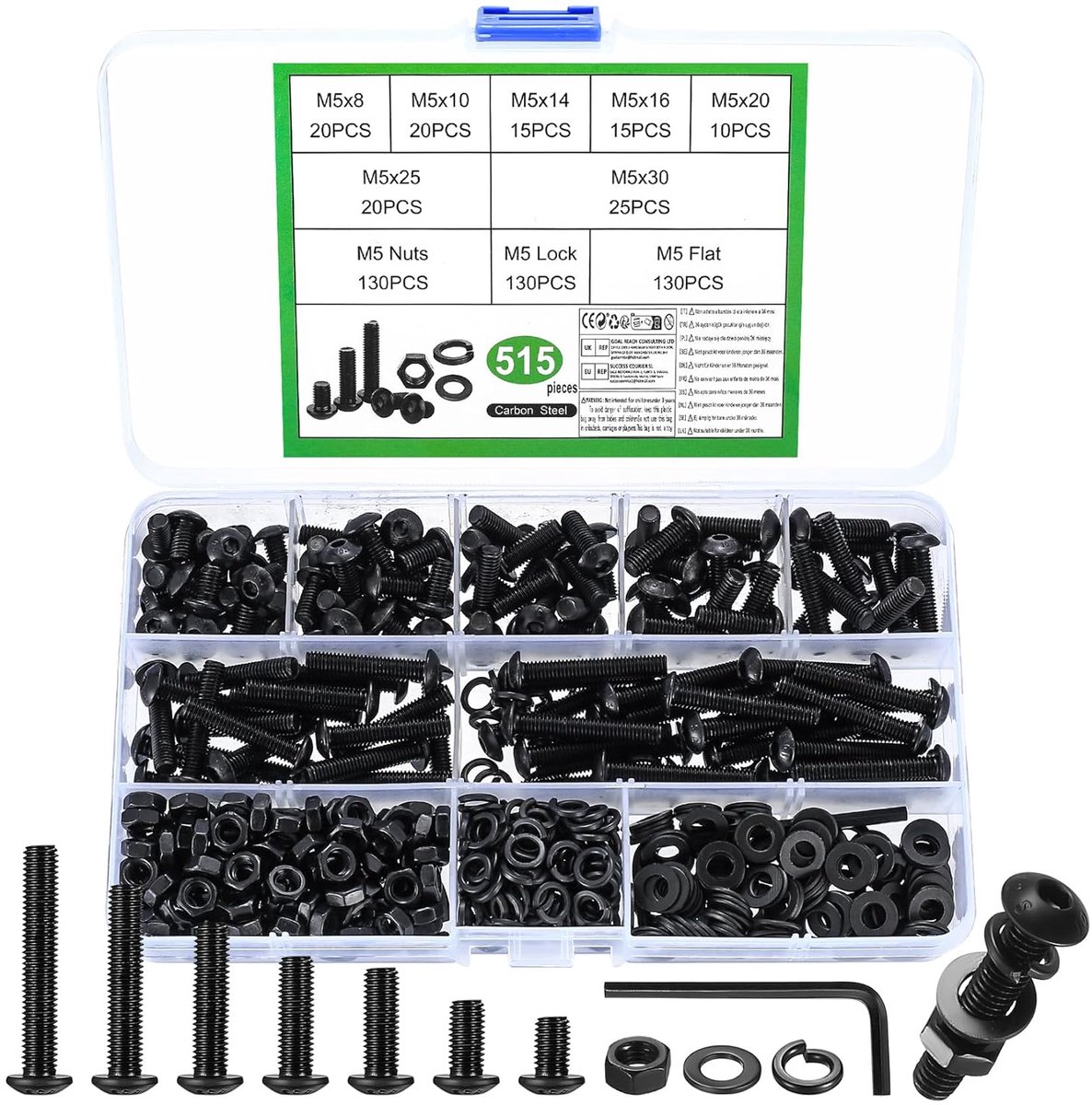 SnelShoppen - 515 Pcs M5 Schroeven Set, Allen Schroeven, Moeren Assortiment met Ringen, Zwarte Ronde Hoofd Schroeven, Draad Schroeven Set voor Klussen
