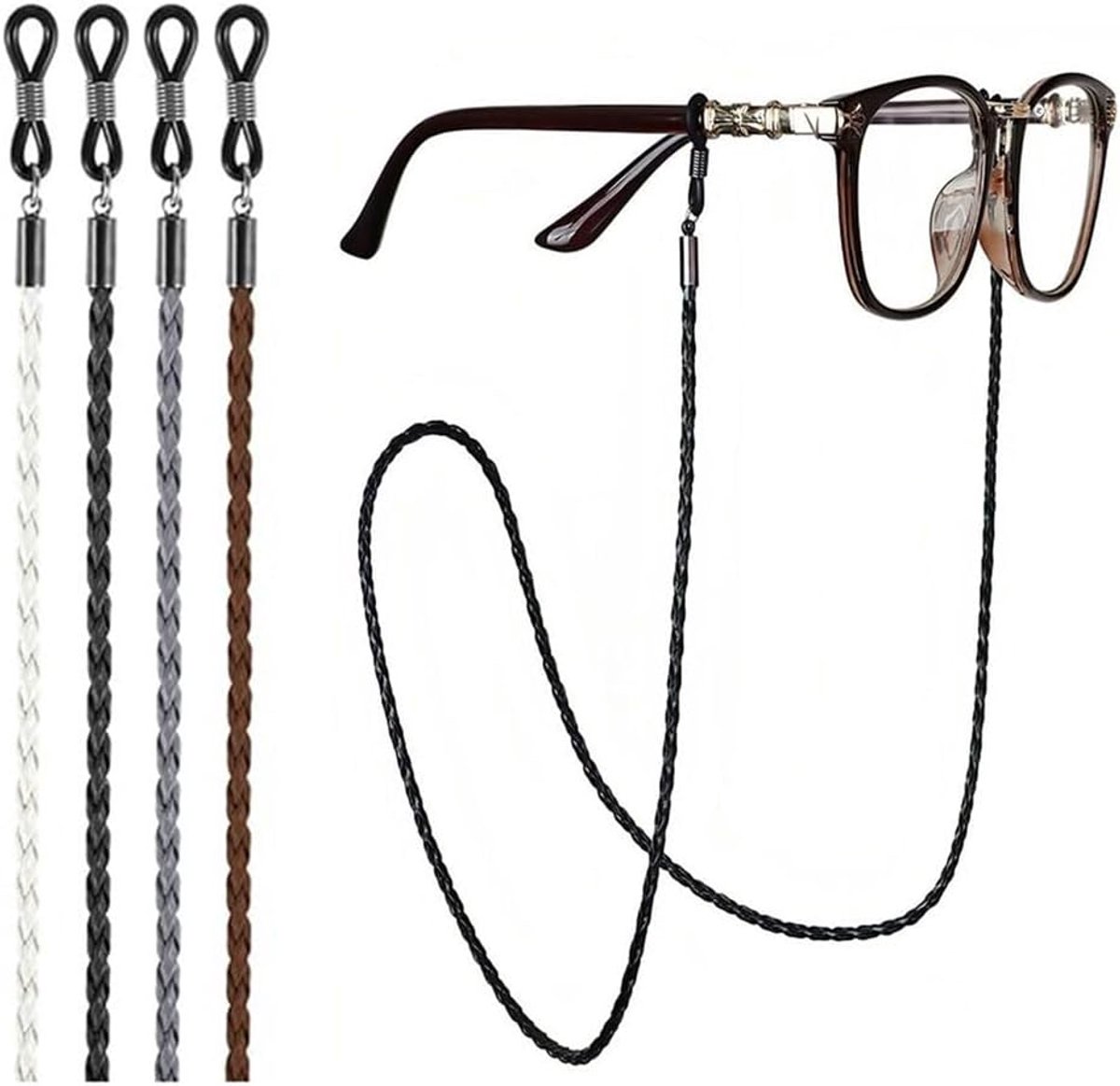 SnelShoppen - Set van 4 Brilkettingen, Gevlochten Brilkoord, Verstelbare PU Leren Brilriem voor Mannen en Vrouwen, Geschikt voor Zonnebrillen, Leesbri