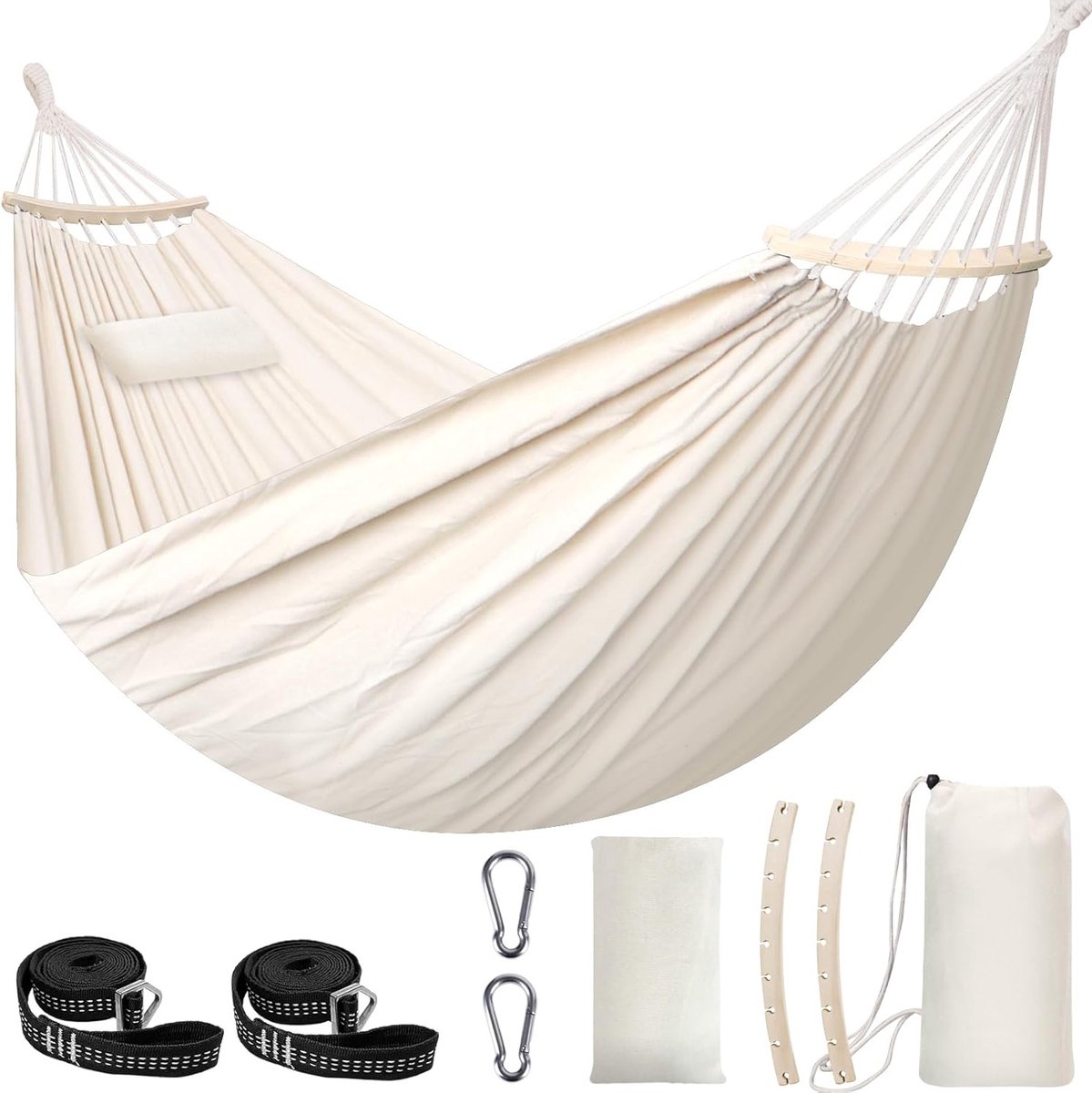 Zachte Katoenen Hangmat 300 x 150 cm, Ademend en Draagbaar, Tot 300 kg, Inclusief Kussentje, Sterke Haken en Carabiners voor Camping en Tuingebruik