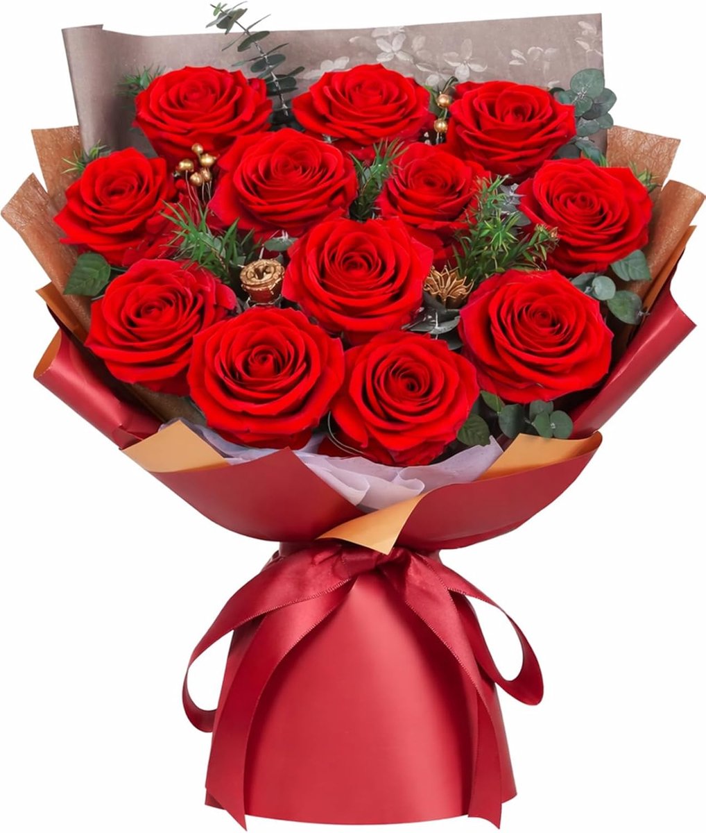 SnelShoppen - Boeket van 12 Eterno Natuurlijke Rozen voor Vrouwen - Perfect Cadeau voor Verjaardag, Jubileum, Kerst, Valentijn - Roze, Rood of Wit - V