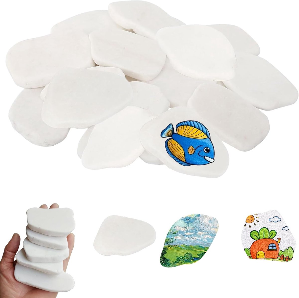 SnelShoppen - 16 Stuks Witte Platte Verfstenen voor Schilderen - Natuurlijke Grindstenen 5-8 cm - Decoratieve Kiezels voor DIY, Tuin, Aquarium en Crea