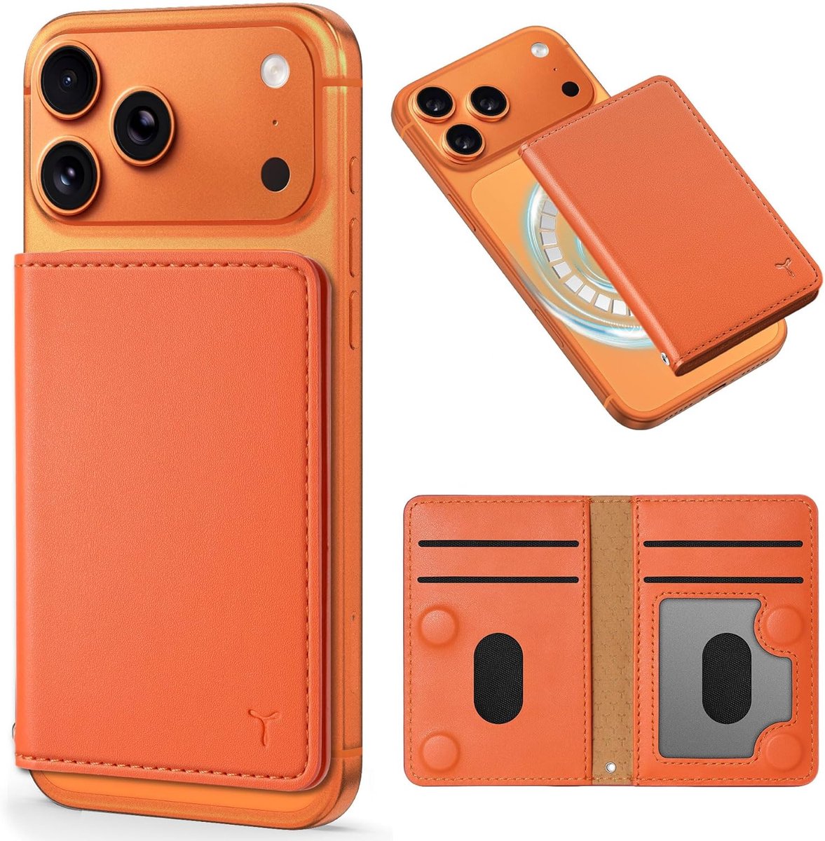 SnelShoppen - Magnetische Wallet voor iPhone 17/16/15/14/13/12 Pro/Pro Max/Plus - 6 Kaartslots met RFID Blokkering, Oranje PU Leer, Duidelijk ID Venst