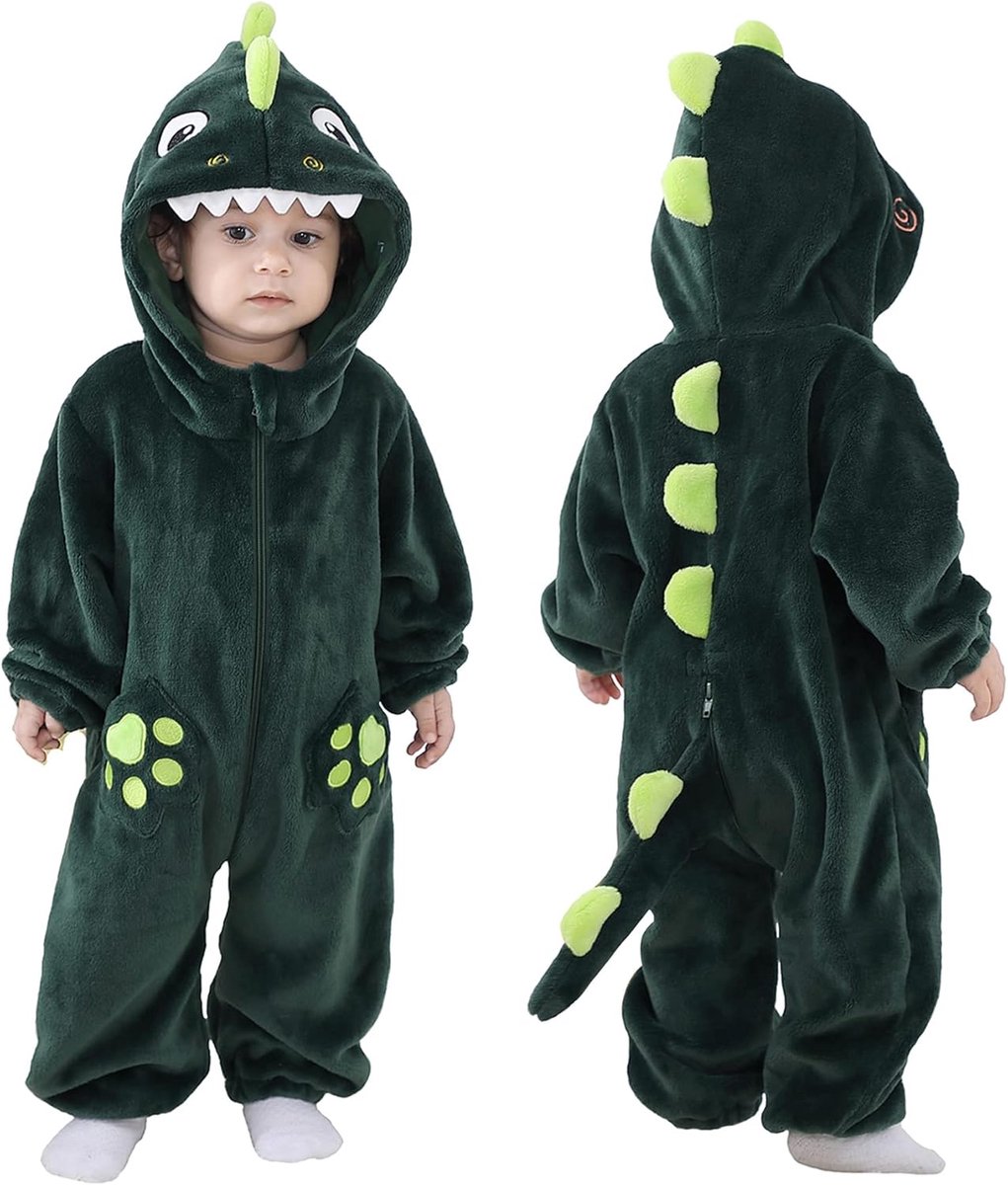SnelShoppen - Unisex Kinderen & Peuters Kostuum Outfit Flanellen Dieren Hooded Romper Jumpsuit Donkergroen Haai 18-24 Maanden voor Feest, Spelen en Wi