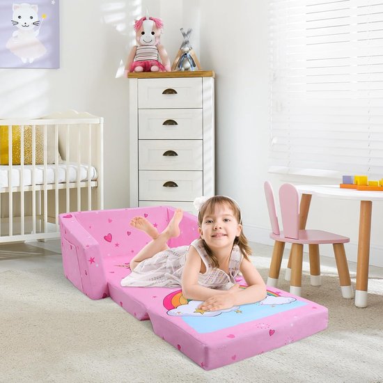Opvouwbare kinderbank-rugleuning, 2-in-1, stabiele kinderstoel met stoffen tas en antislip kussen, zachte lichte flip-open kinderstoel voor slaapkamer, woonkamer, speelkamer, eenhoorn van Wemk — afbeelding 3