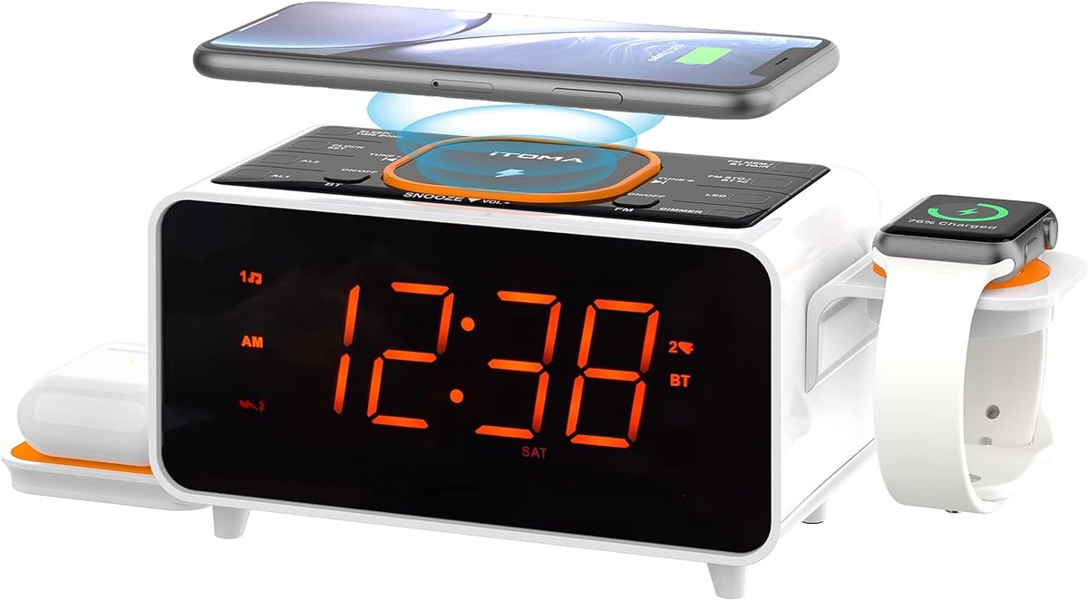 SnelShoppen - Alarmklok Radio met Draadloze Oplading, Bluetooth Speaker, Digitale FM Radio, 2 USB Poorten, Snooze, Dimmer en 1.4-inch Oranje Display