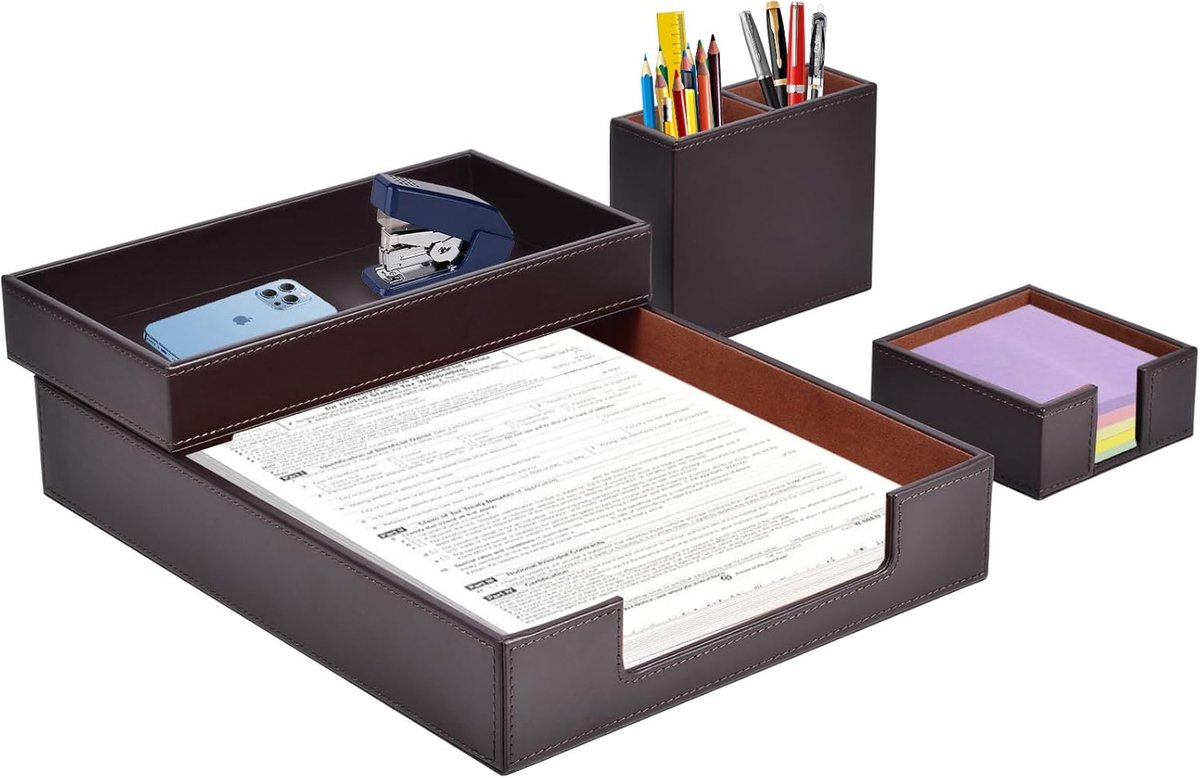 SnelShoppen - 4-delige PU Leren Bureau Set - Desk Organizer, Pennenhouder, Briefbak, E-mail Organiser - Bruin Kantooraccessoires voor Thuis en Op Kant