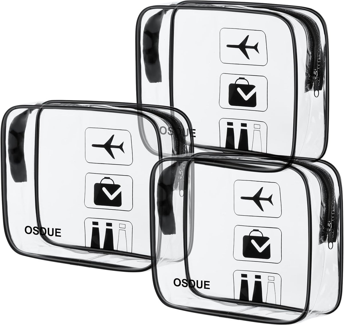 SnelShoppen - Transparante Toilettas Set van 3 - PVC Waterdichte Make-up Tassen voor Reis - Handbagage Goedkeuring - Zwart - Ideaal voor Mannen, Vrouw