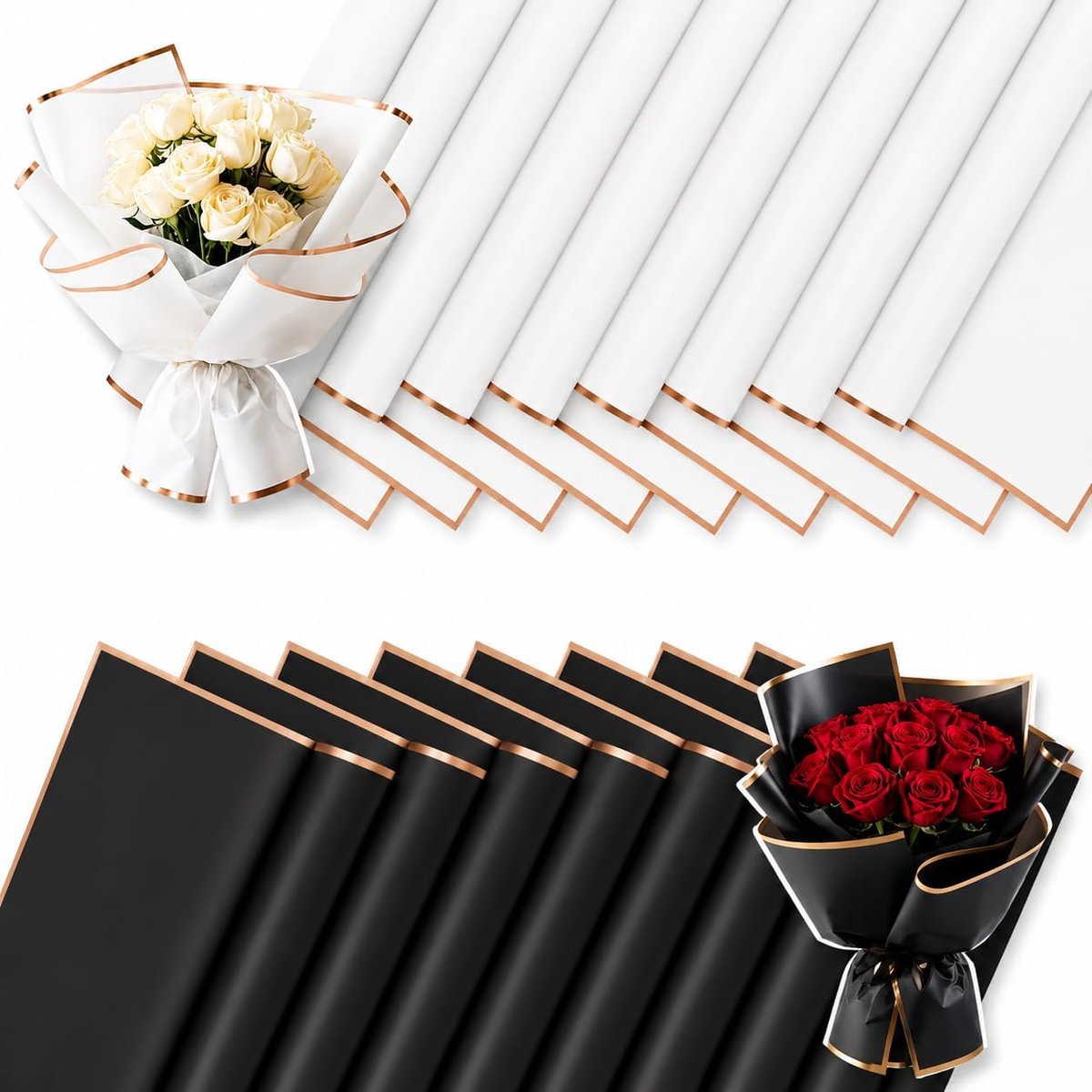 SnelShoppen - Minimalistische Papieren Bloemenboeket Set - 20 Stuks Waterdicht Geschenkpapier - 58x58 cm Wit en Zwart met Gouden Rand - Perfect voor F