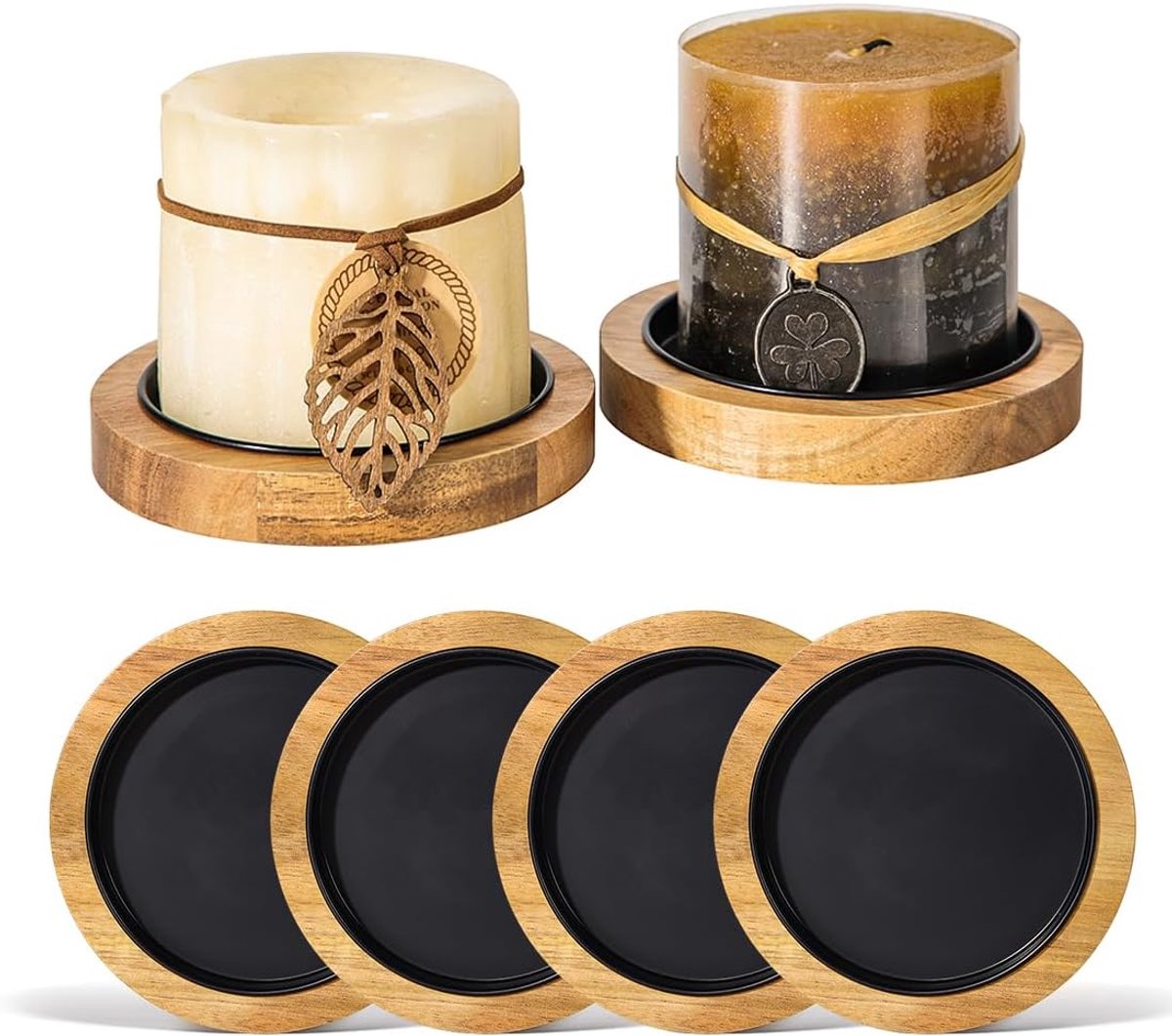 SnelShoppen - Set van 4 Acaciahouten Kandelaars met Afneembaar Dienblad voor Stompkaarsen tot 8,5 cm - Rustieke Tafeldecoratie voor Bruiloft, Feest, T