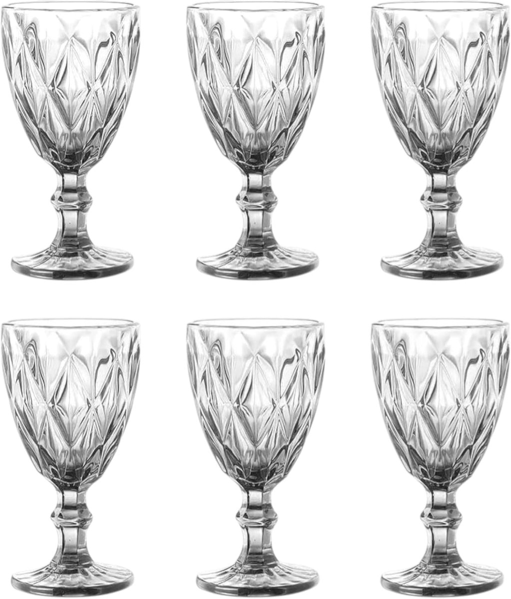 SnelShoppen - Vintage Set van 6 Rombus Wijnglazen, Waterglazen, Longdrinkglazen van Hoogwaardig Glas, Elegante Embossed Patroon, Perfect voor Feest, K