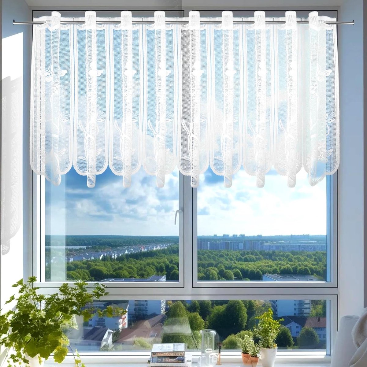 Gordijn voor Klein Raam 130x45 cm, Semi-transparant Kort Gordijn voor Keuken, Keuken Gordijn met Oogjes, Geschikt voor Bistrogordijnen, Woonkamer Binnengordijnen Modern voor Raamdecoratie