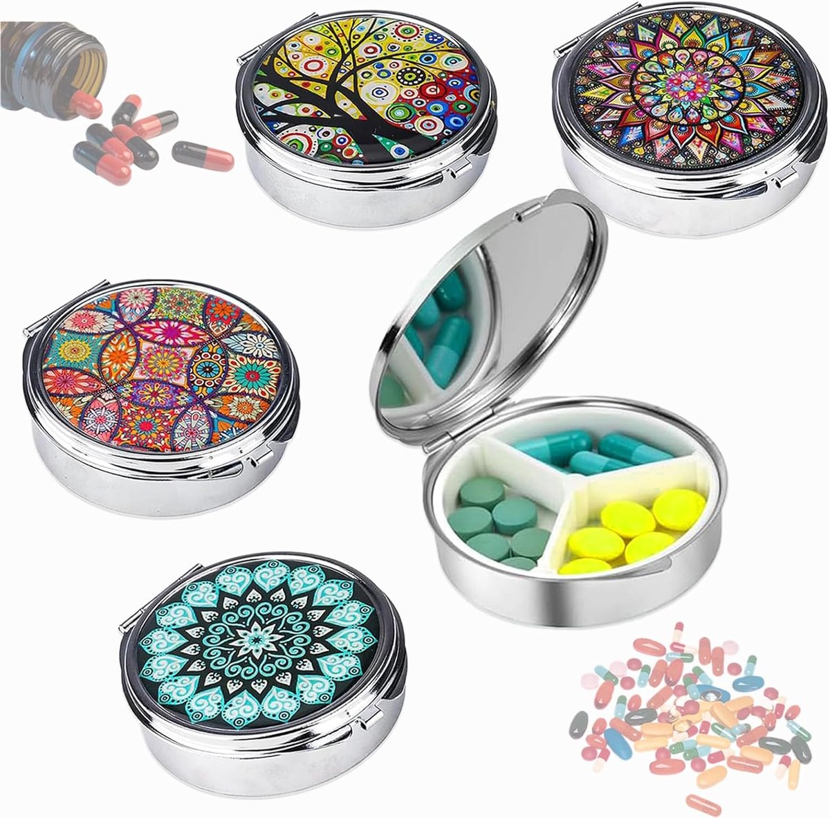 SnelShoppen - Pack van 4 Kleine Pillendozen met Spiegel, Decoratieve Metalen Pillendozen voor Reizen, 3 Compartimenten, Rond, Vrouwen, Dagelijks Gebru
