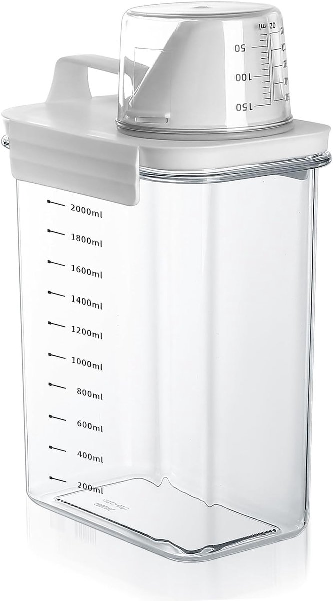 Thijox - Hermetische Wasmiddeldispenser met Maatbeker, Waspoederopslagdoos, Duurzaam PET/PP, 2300 ml, Perfect voor Keuken en Wasruimte