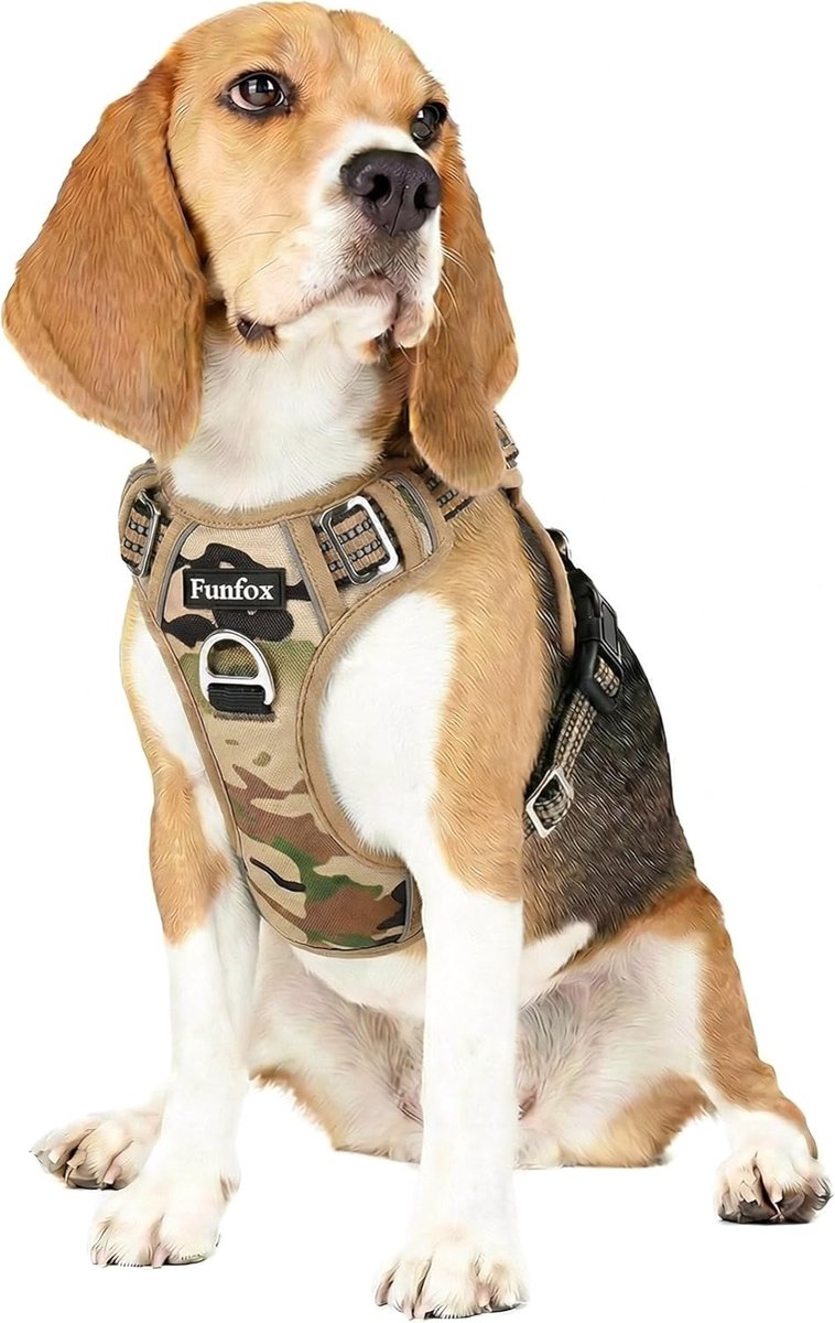 SnelShoppen - Funfox Hondentuigje voor Kleine en Middelgrote Honden, Verstelbaar Anti-Trek Harnas, Camouflagegroen Borstharnas M voor Wandelen, Traini