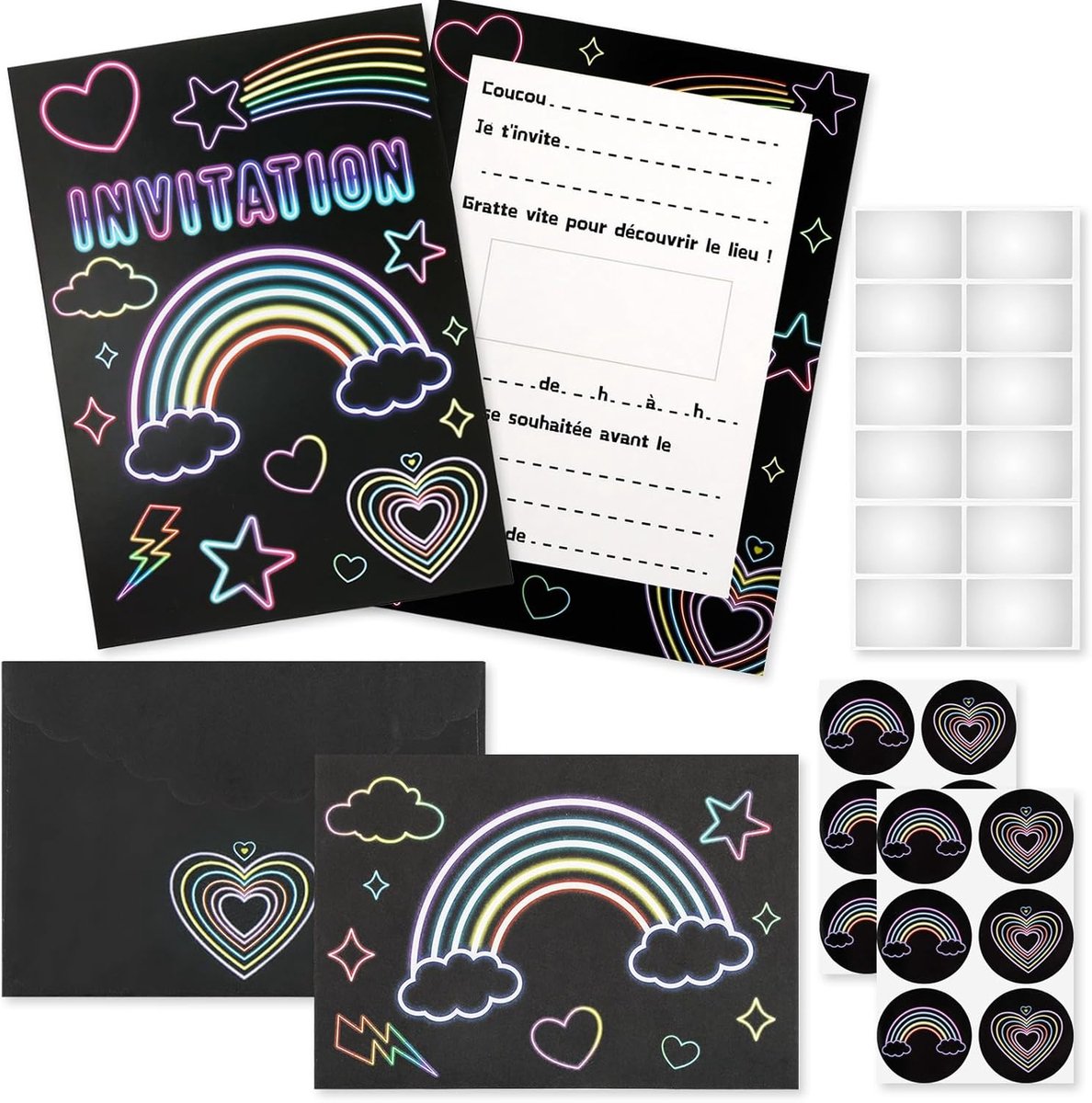 SnelShoppen - 12 Neon Uitnodigingskaarten Verjaardag Jongens Meisjes - Creatieve Feestuitnodigingen voor Kinderfeestje - Schitterende Kleuren en Ontwe